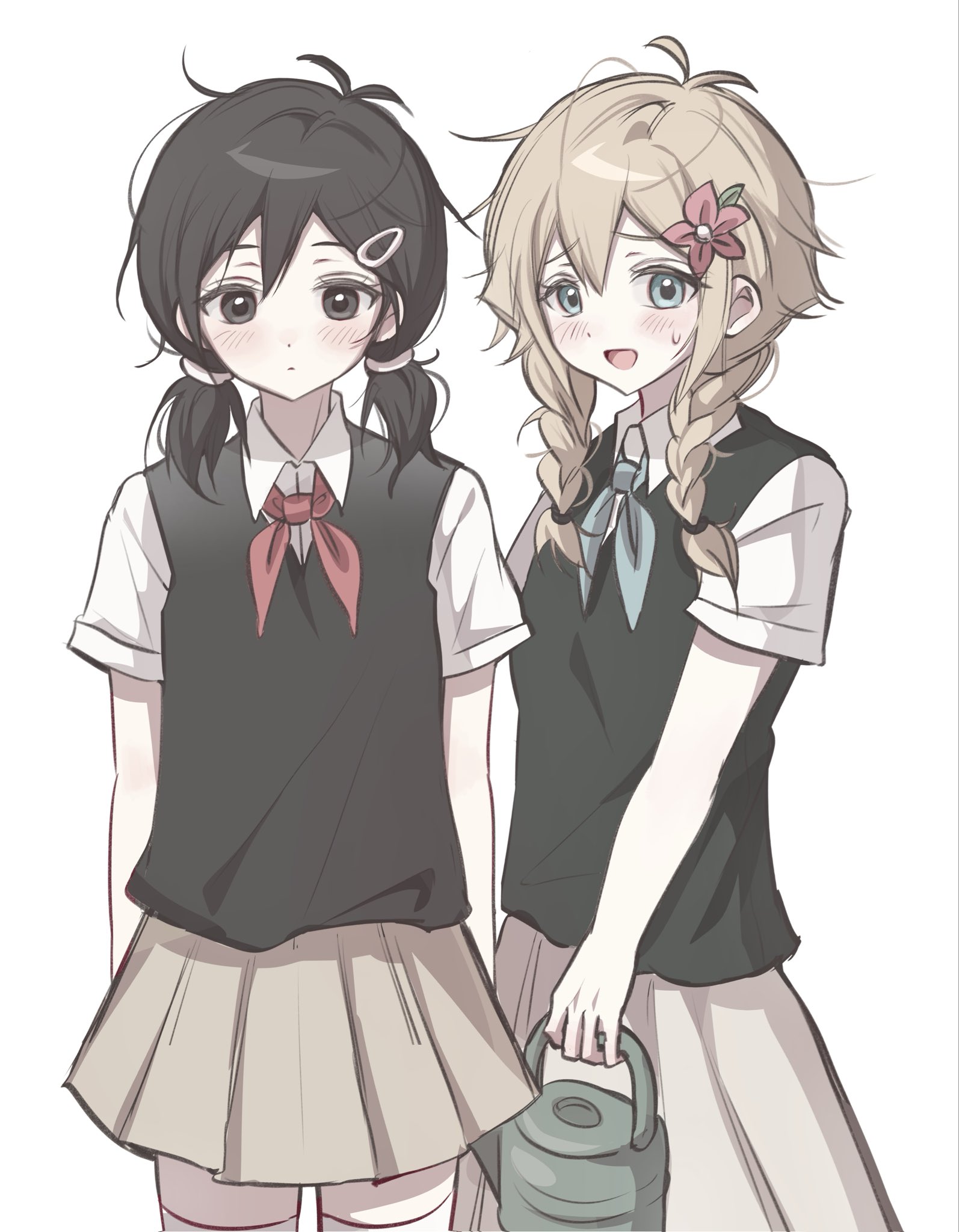 basil (faraway) (omori), basil (omori), sunny (omori), omori, highres, 2girls, antenna hair, black eyes, black hair, black sweater vest, blonde hair, blue eyes, blue neckerchief, blush, brown skirt, closed mouth, collared shirt, double-parted bangs, flower, genderswap, genderswap (mtf), green sweater vest, hair between eyes, hair flower, hair ornament, hairclip, holding, holding watering can, long skirt, looking at viewer, low twintails, medium hair, multiple girls, neckerchief, open mouth, red neckerchief, shirt, short hair, short sleeves, short twintails, simple background, skirt, smile, sweatdrop, sweater vest, thighhighs, twintails, watering can, white background, white shirt, white thighhighs, wktdms1