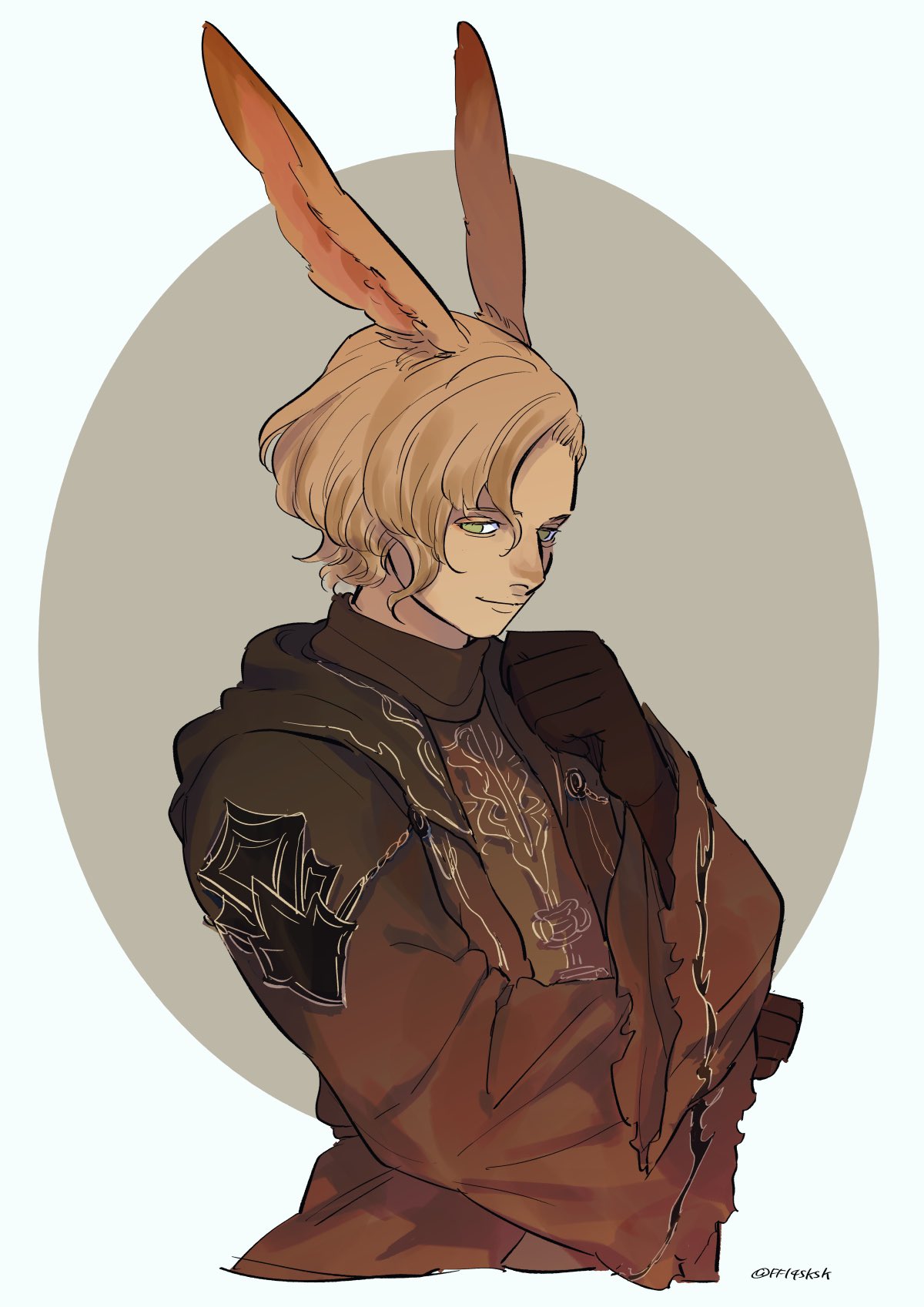 warrior of light (ff14), final fantasy, final fantasy xiv, commentary request, highres, 1boy, animal ears, ano amesuke, blonde hair, brown coat, brown gloves, coat, gloves, green eyes, male focus, profile, rabbit boy, rabbit ears, signature, smile, solo, turtleneck, twitter username, upper body, viera, wide sleeves
