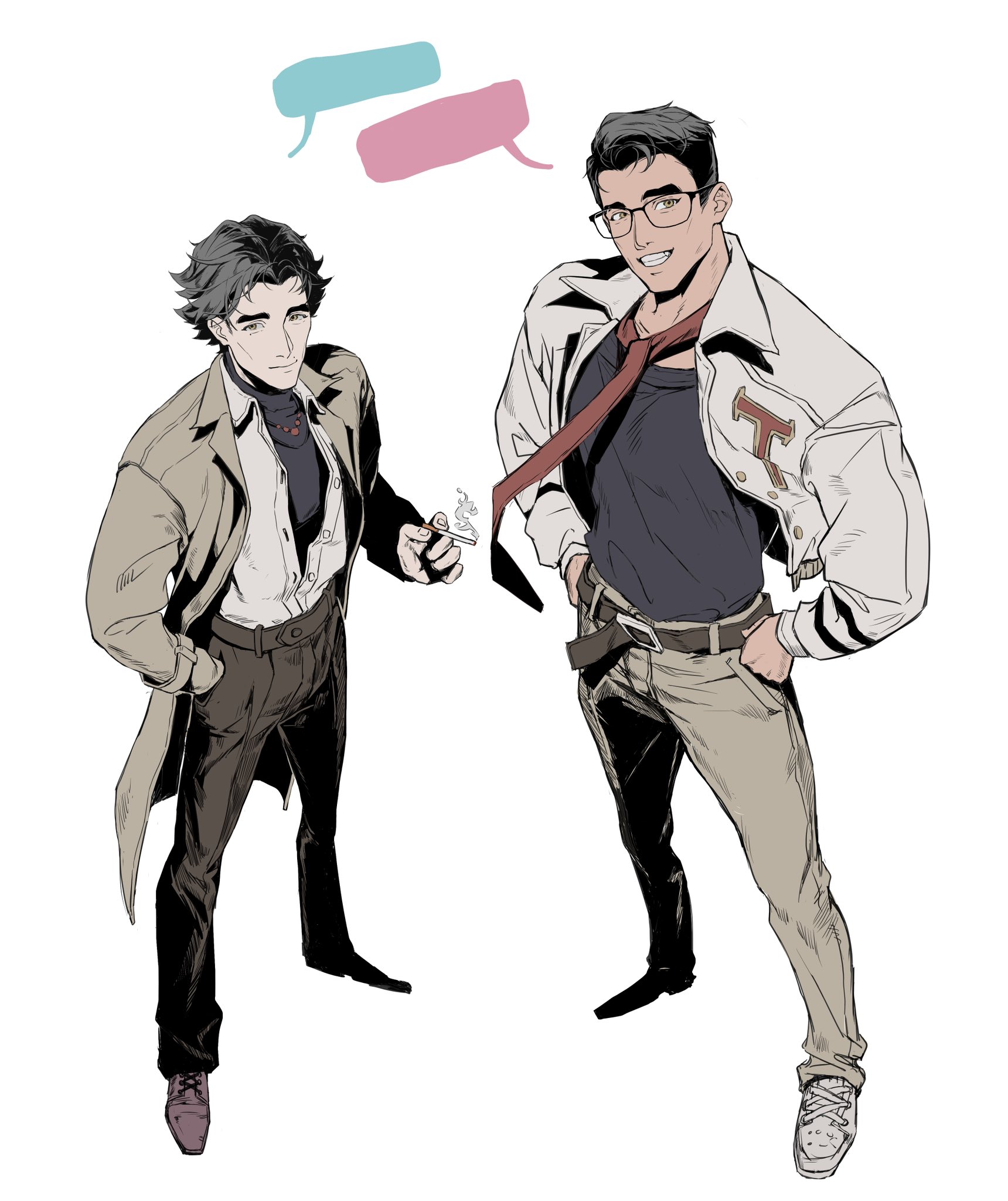 arcane jayce, jayce (league of legends), viktor (arcane), viktor (league of legends), arcane: league of legends, league of legends, commentary, hashtag-only commentary, highres, symbol-only commentary, 2boys, arm up, belt, bespectacled, black belt, black hair, black pants, black shirt, blank speech bubble, brown eyes, cigarette, closed mouth, coat, collared jacket, colored speech bubble, crew neck, cs919, full body, glasses, grey pants, grin, hand in pocket, hands on own hips, holding, holding cigarette, jacket, jewelry, lapels, letterman jacket, long sleeves, looking at viewer, male focus, multiple boys, necklace, necktie, notched lapels, pants, parted hair, red necktie, shirt, shirt tucked in, shoelaces, shoes, short hair, simple background, smile, smoke, sneakers, speech bubble, standing, teeth, turtleneck, unbuttoned, white background, white jacket, white shirt, white shoes