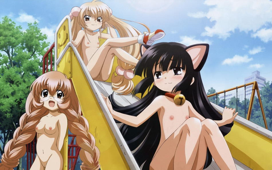 kagami kuro, kokonoe rin, usa mimi, kodomo no jikan, eyebrows, nude filter, third-party edit, animal ears, bell, blonde hair, blunt bangs, breasts, cat ears, cleft of venus, cloud, collar, flat chest, glasses, groin, hime cut, jingle bell, loli, nipples, nude, oppai loli, playground, pussy, shoes, sky, slide, uncensored, zenra