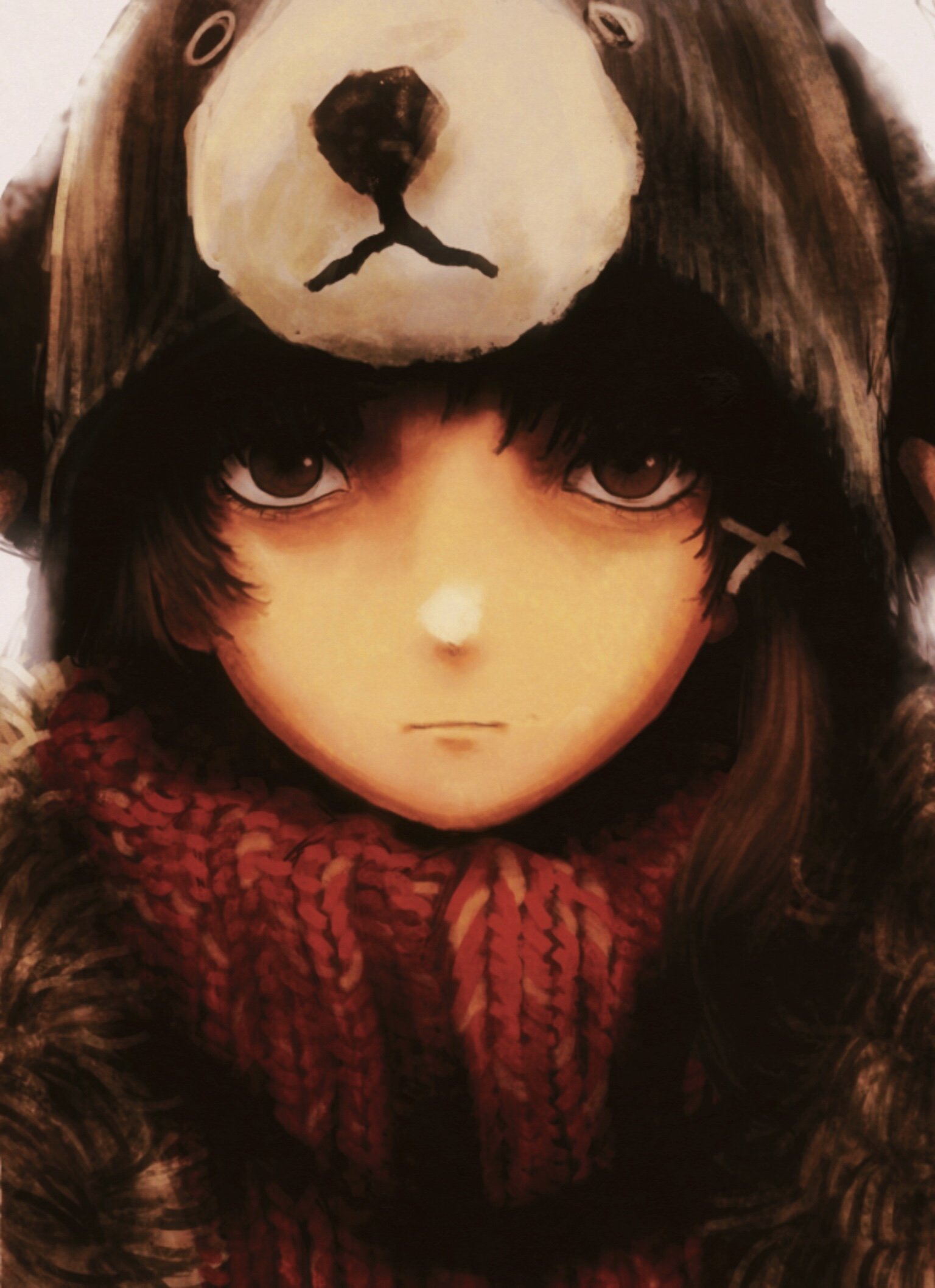 ranm12s, iwakura lain, serial experiments lain, highres, 1girl, animal hood, bear hood, brown eyes, brown hair, closed mouth, hood, hood up, knit scarf, looking at viewer, portrait, red scarf, scarf, solo