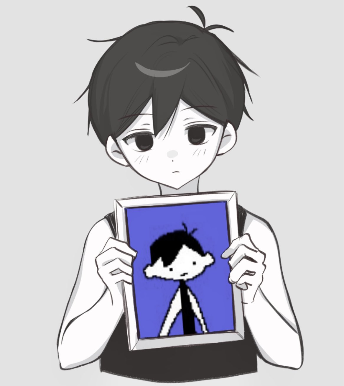 omori (omori), omori, highres, 1boy, antenna hair, black eyes, black hair, black tank top, closed mouth, colored skin, double-parted bangs, expressionless, grey background, hair between eyes, holding, holding picture frame, looking at viewer, male focus, picture frame, short hair, simple background, solo, tank top, upper body, white skin, wktdms1