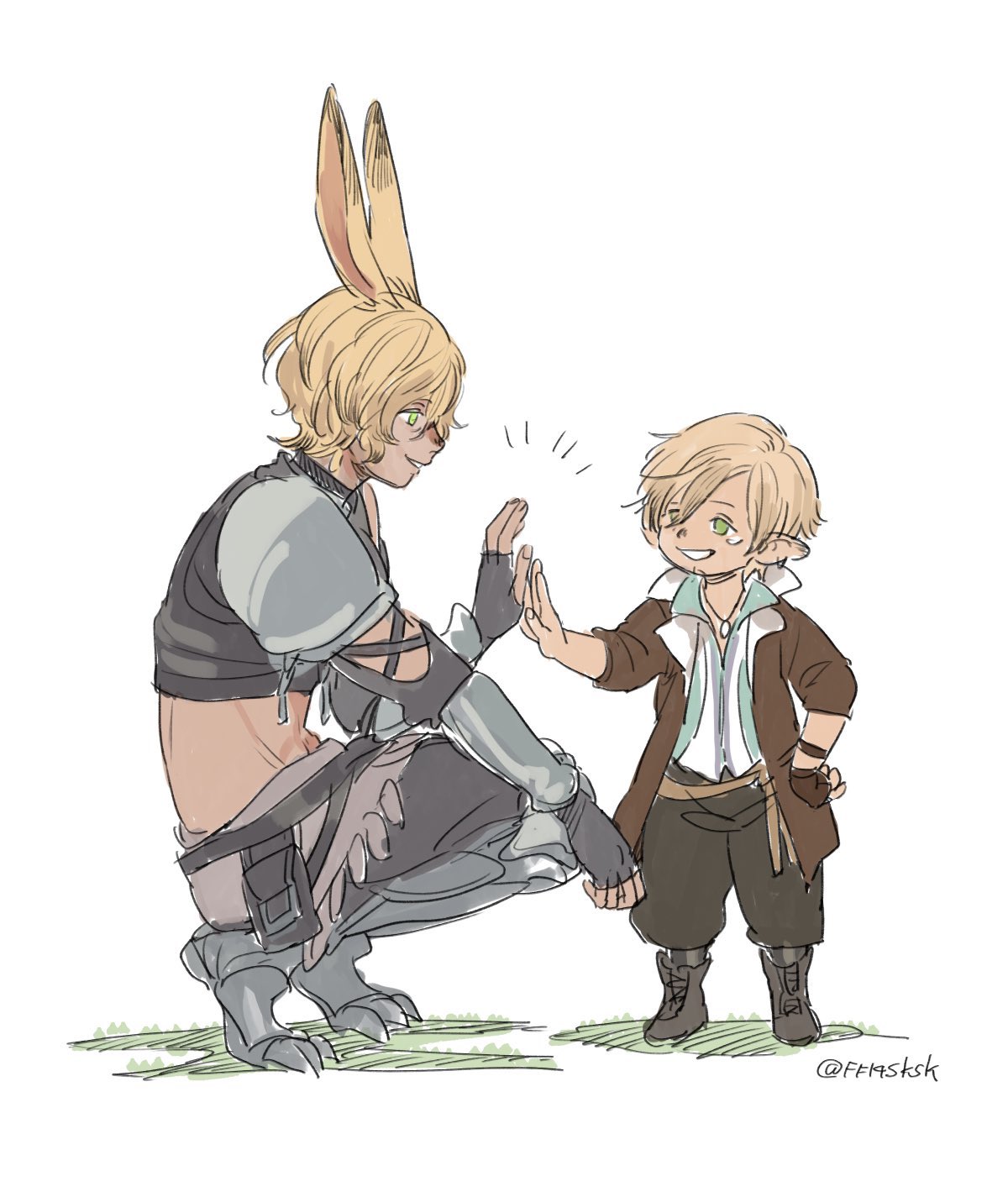 warrior of light (ff14), final fantasy, final fantasy xiv, commentary request, highres, 2boys, animal ears, ano amesuke, armor, black gloves, black pants, blonde hair, brown coat, brown gloves, coat, crop top, earrings, facial hair, facial mark, fingerless gloves, gloves, goatee, greaves, green eyes, hand on own hip, high five, jewelry, lalafell, male focus, midriff, multiple boys, necklace, pants, pointy ears, pouch, rabbit boy, rabbit ears, shoulder armor, single fingerless glove, size difference, squatting, twitter username, vambraces, viera
