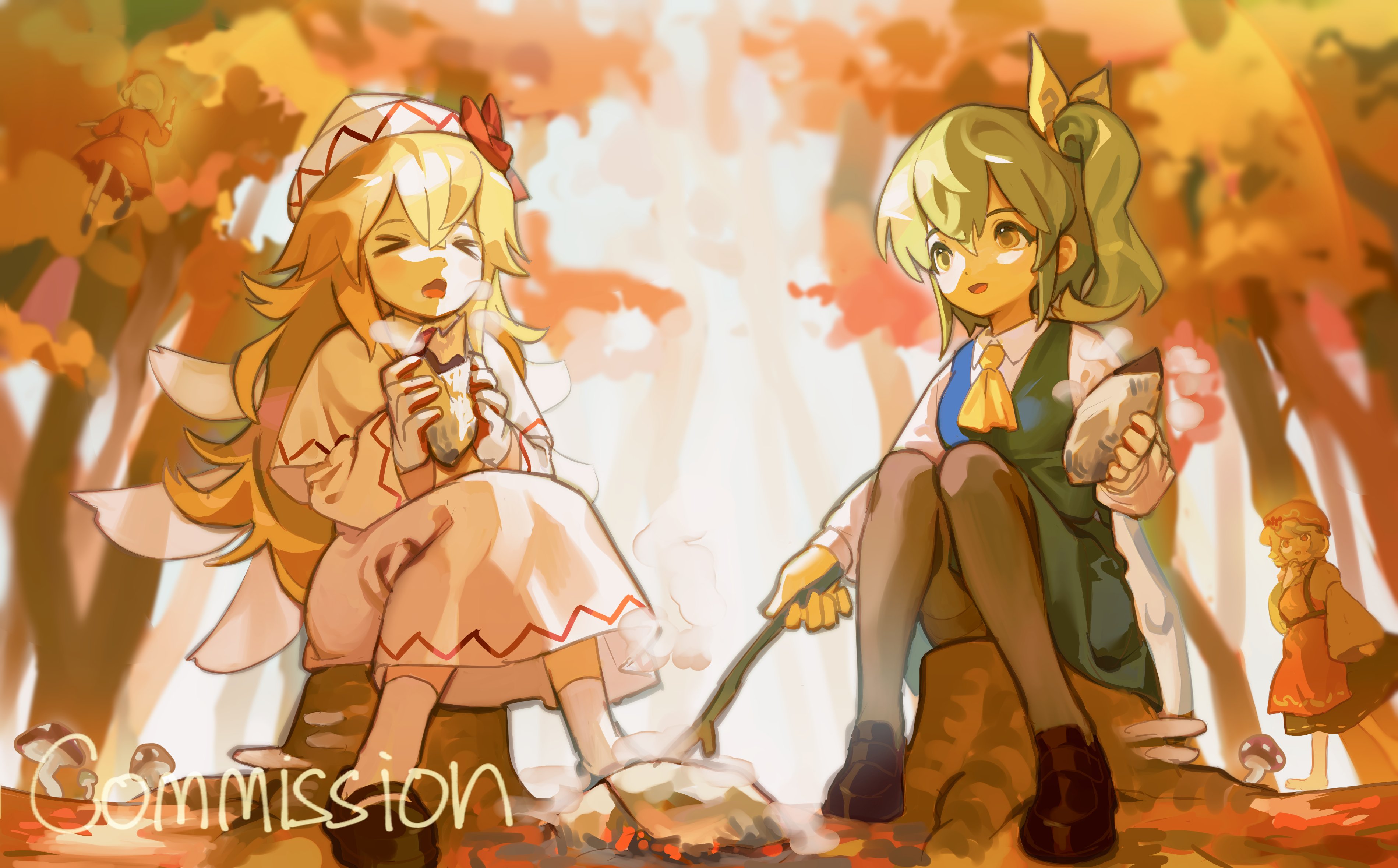 favnvs (s910a ib6), aki minoriko, aki shizuha, daiyousei, lily white, touhou, absurdres, commission, highres, > <, 4girls, ankle socks, apple, ascot, autumn, barefoot, black shoes, black skirt, blonde hair, blue skirt, blue vest, bow, collared dress, collared shirt, cooking, day, dot nose, dress, eating, fairy, fairy wings, flying, food, food bite, forest, fruit, full body, gloves, green eyes, green hair, grey pantyhose, hair between eyes, hair bow, hand on own chin, happy, hat, hat bow, holding, holding food, holding stick, juliet sleeves, layered sleeves, loafers, long dress, long sleeves, looking at another, mary janes, medium hair, medium skirt, miniskirt, mob cap, multiple girls, mushroom, nature, on tree stump, open mouth, outdoors, pantyhose, pleated skirt, puffy sleeves, red bow, red dress, red hat, ribbon-trimmed skirt, ribbon trim, shirt, shoes, short hair, short over long sleeves, short side ponytail, short sleeves, siblings, sisters, sitting, skirt, skirt set, sky, smile, socks, steam, stick, sweet potato, tree, vest, walking, white dress, white gloves, white hat, white shirt, white sky, white socks, white wings, wings, yellow ascot, yellow bow