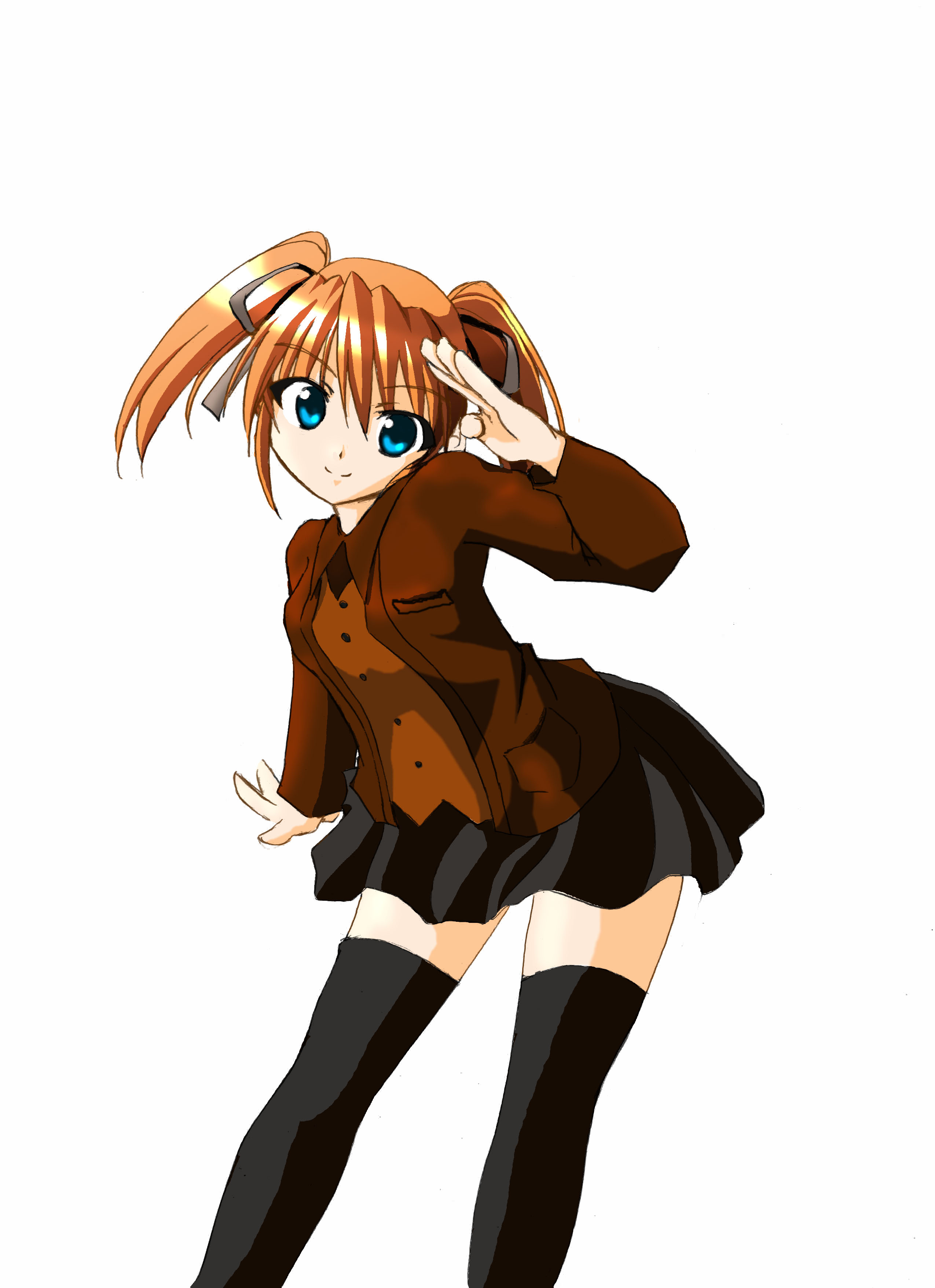 sorattama, teana lanster, lyrical nanoha, mahou shoujo lyrical nanoha, mahou shoujo lyrical nanoha strikers, absurdres, highres, 00s, blue eyes, orange hair, salute, solo, thighhighs, twintails, zettai ryouiki
