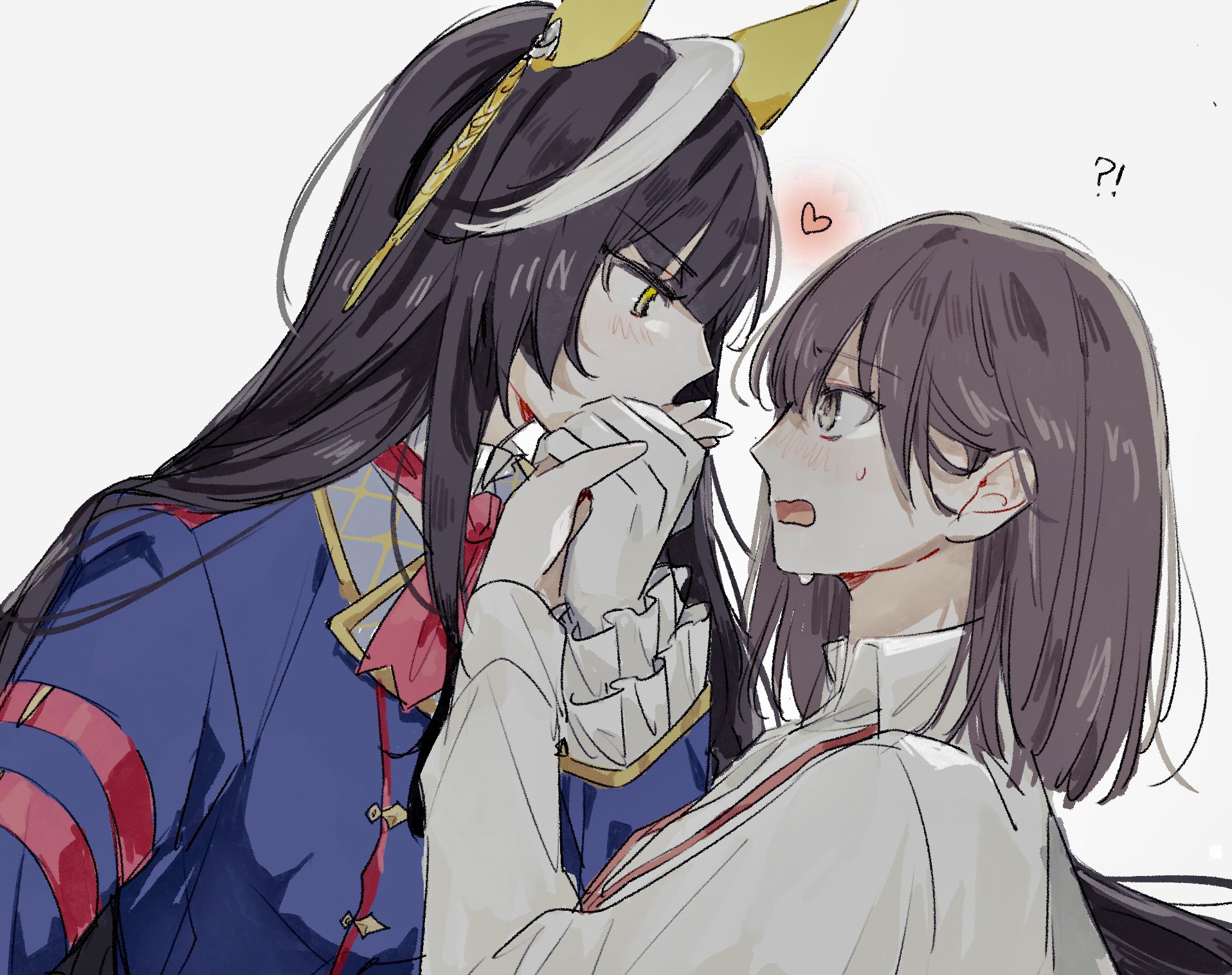 enu (brandnewday02), calstone light o (one true path) (umamusume), calstone light o (umamusume), female trainer (umamusume), trainer (umamusume), umamusume, highres, !?, 2girls, ahoge, animal ears, ascot, black hair, blue jacket, blunt bangs, blush, breasts, brown eyes, brown hair, collared shirt, ear covers, gloves, heart, height difference, hime cut, horse ears, horse girl, jacket, kiss, kissing hand, lanyard, long hair, long sleeves, looking at another, multicolored hair, multiple girls, profile, red ascot, shirt, simple background, streaked hair, striped hair, sweat, sweatdrop, tall female, upper body, white background, white gloves, white hair, white shirt, yellow eyes, yuri