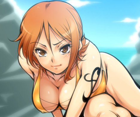 hairu, one piece, nami, lowres, bikini, breasts, cleavage, orange hair, short hair, sky, swimsuit, tattoo