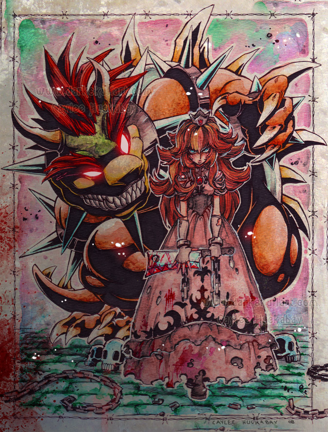 bowser, koopa, princess peach, mario (series), nintendo, super mario bros. 1, 1boy, 1girl, blood, chain, claws, cleaver, crown, dark, dress, skull, spikes