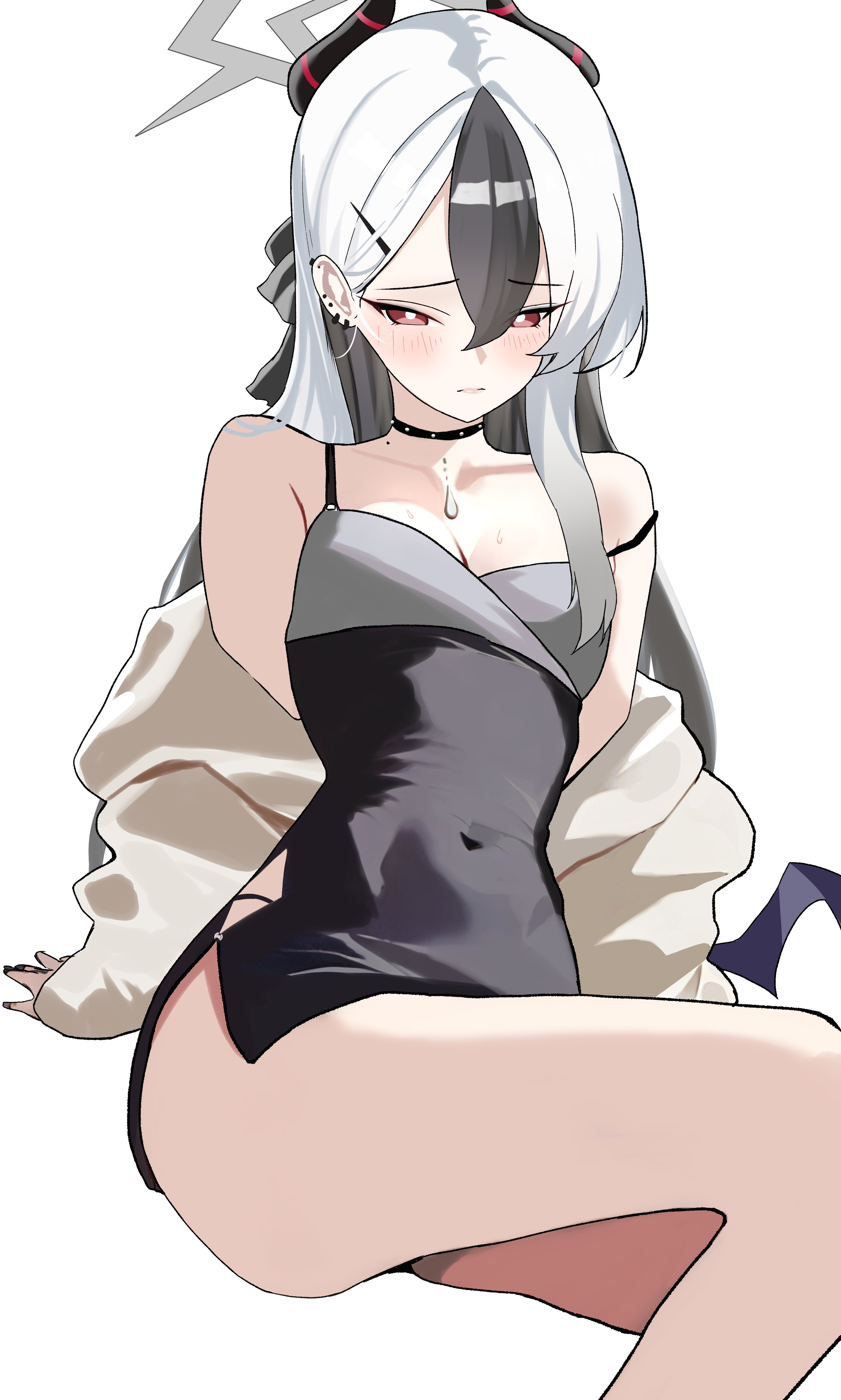keyan art, kayoko (blue archive), kayoko (dress) (blue archive), blue archive, absurdres, highres, 1girl, black choker, black dress, black hair, black horns, blush, breasts, bright pupils, choker, closed mouth, covered navel, dress, grey halo, grey jacket, hair between eyes, halo, horns, invisible chair, jacket, long hair, looking at viewer, multicolored hair, red eyes, simple background, single wing, sitting, sleeveless, sleeveless dress, small breasts, solo, strap slip, two-tone hair, white background, white hair, white pupils, wings