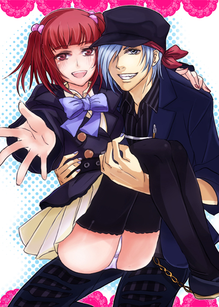 fujiwara hiro, sennbei, amakusa juuza, ushiromiya ange, umineko no naku koro ni, silver hair, bad id, bad pixiv id, 00s, 1boy, 1girl, blue eyes, blush, hair bobbles, hair ornament, hat, jacket, panties, pantyshot, red hair, ribbon, short hair, skirt, smile, thighhighs, twintails, underwear