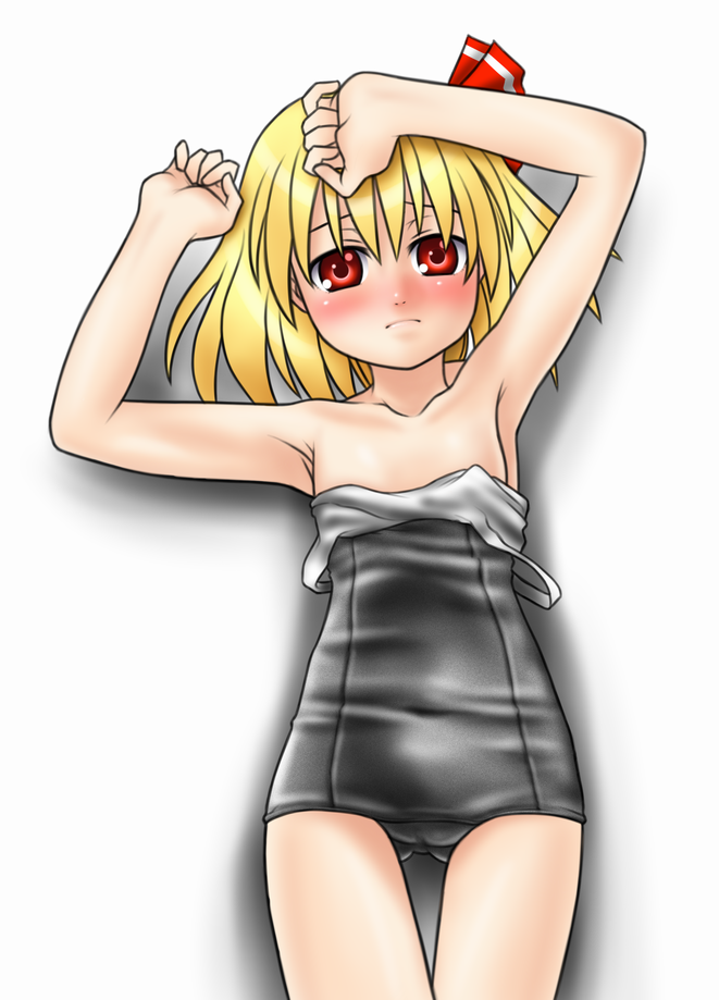 five-seven (0verlimits), rumia, embodiment of scarlet devil, touhou, 1girl, armpits, black one-piece swimsuit, blonde hair, blush, clothes pull, female focus, flat chest, loli, lying, one-piece swimsuit, one-piece swimsuit pull, red eyes, ribbon, school swimsuit, solo, swimsuit, undressing