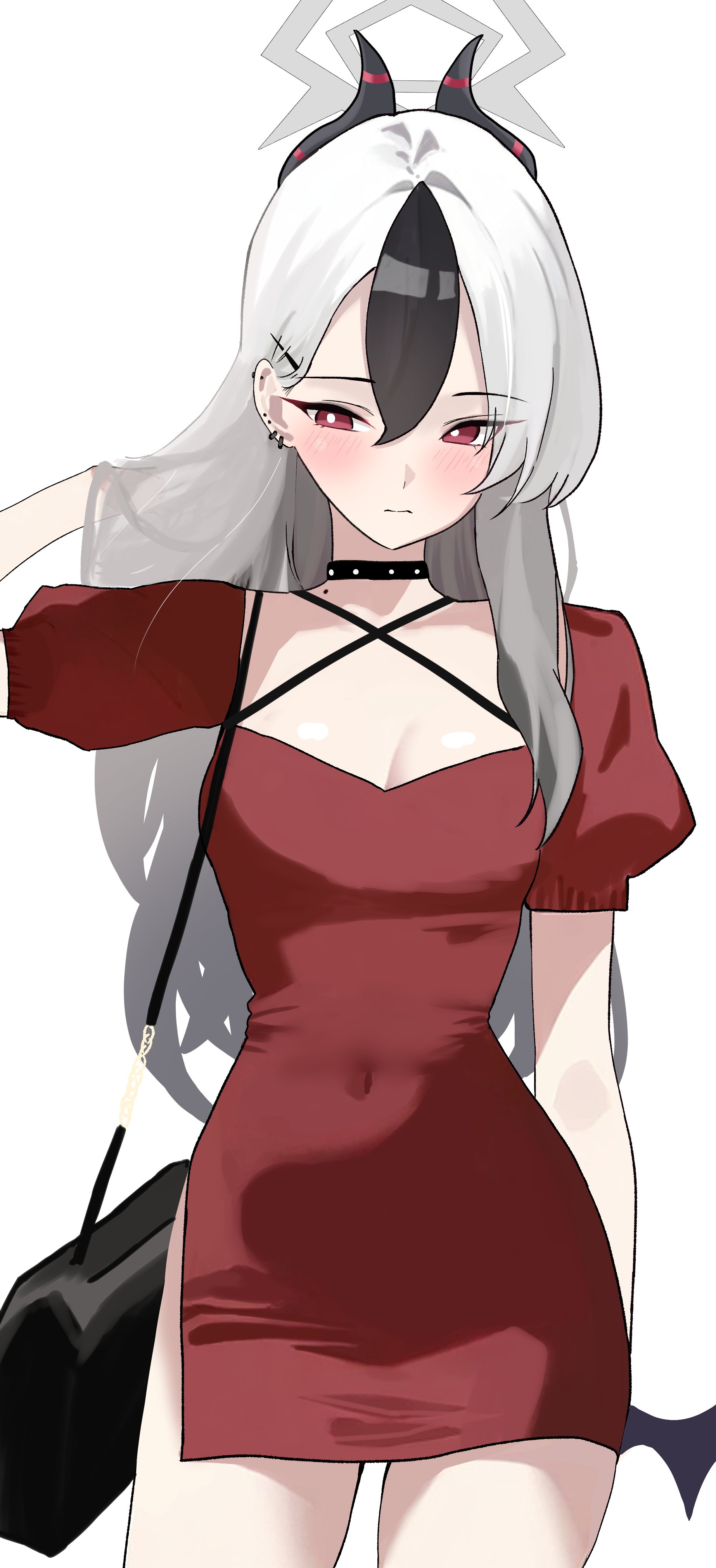 keyan art, kayoko (blue archive), blue archive, absurdres, highres, 1girl, adjusting hair, bag, black bag, black choker, black hair, black horns, blush, breasts, bright pupils, choker, closed mouth, covered navel, cowboy shot, dress, grey halo, hair between eyes, halo, horns, long hair, looking at viewer, multicolored hair, puffy short sleeves, puffy sleeves, red dress, red eyes, short sleeves, shoulder bag, simple background, single wing, small breasts, solo, two-tone hair, white background, white hair, white pupils, wings