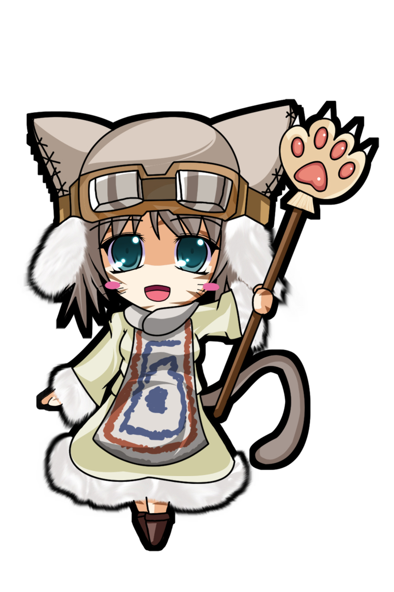 onsen tamago (nurumayu onsen), capcom, monster hunter (series), original, bad id, bad pixiv id, highres, 1girl, animal hands, animal hat, cat hat, cat tail, chibi, female focus, goggles, green eyes, grey hair, hat, mafumofu (armor), solo, staff, tail
