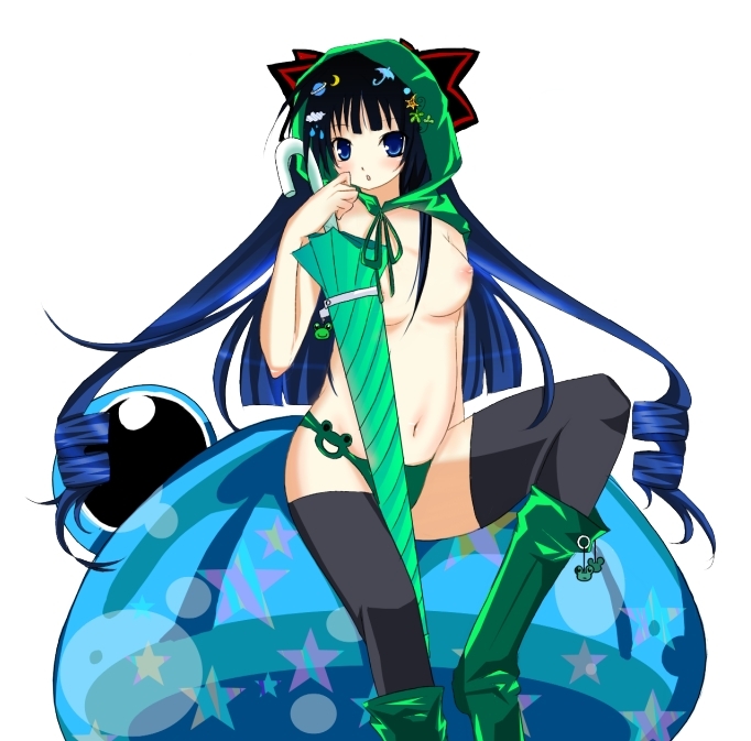 shii (niku-9), shii (pixiv), original, bad id, bad pixiv id, 1girl, blue eyes, blue hair, boots, bottomless, breasts, closed umbrella, female focus, frog, gradient hair, green boots, green hair, hood, large breasts, long hair, matching hair/eyes, multicolored hair, nipples, panties, ribbon, sitting, solo, thighhighs, topless female, umbrella, underwear, underwear only