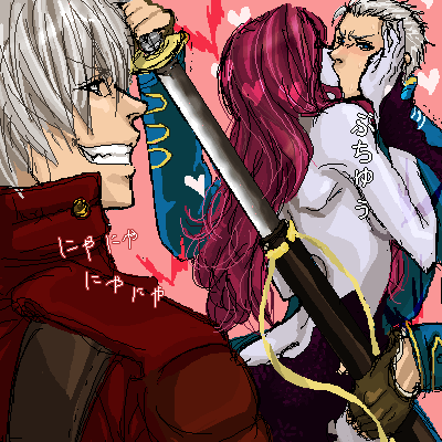 henyo, dante (devil may cry), nevan, vergil (devil may cry), capcom, devil may cry (series), devil may cry 3, bad id, bad pixiv id, lowres, translation request, 00s, 1girl, 2boys, katana, kiss, multiple boys, oekaki, sheath, sword, unsheathing, weapon, yamato (sword)