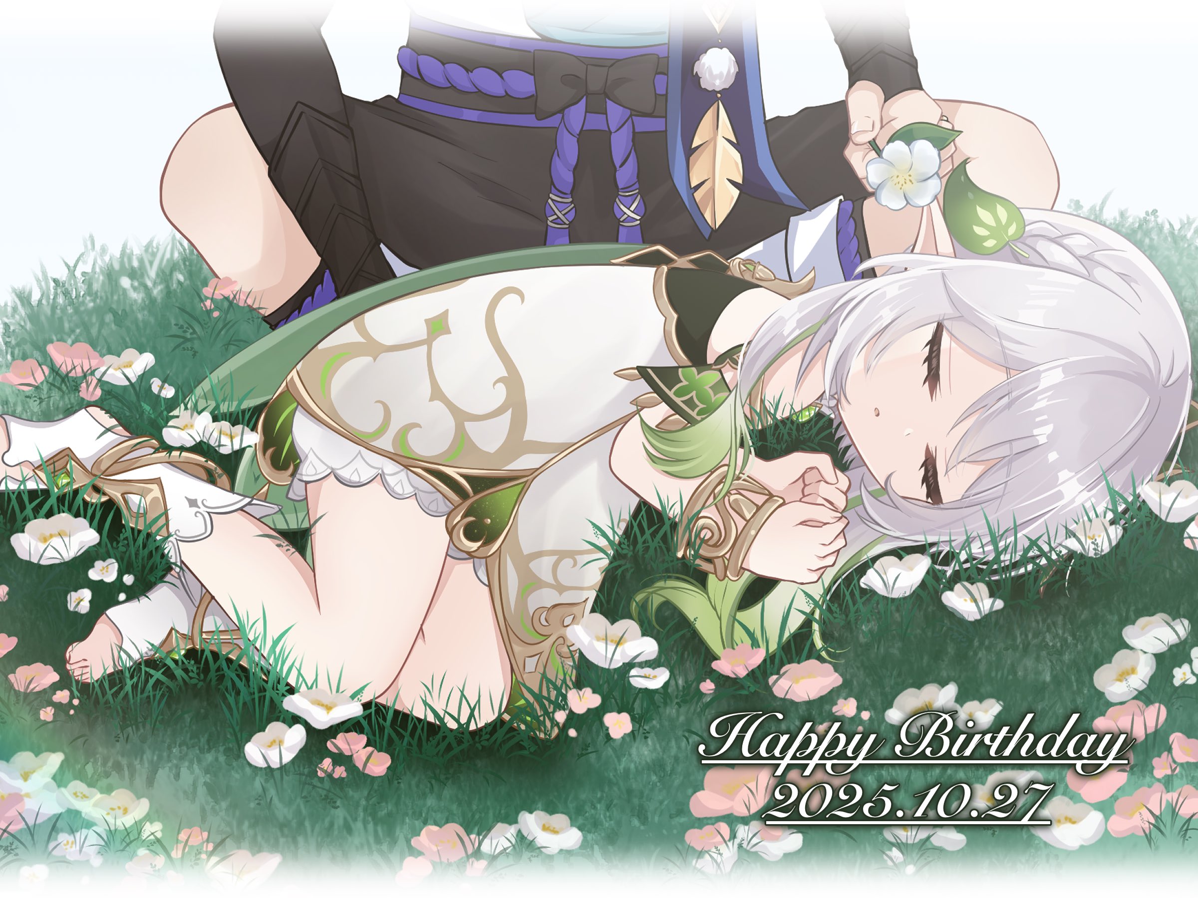 nahida (genshin impact), scaramouche (genshin impact), wanderer (genshin impact), genshin impact, highres, 1girl, anklet, armlet, armor, belt, black belt, black bow, black bridal gauntlets, black shorts, bloomers, bow, bridal gauntlets, brooch, cape, clenched hands, colored tips, dated, detached sleeves, dress, eyelashes, facing viewer, fingernails, flower, gem, gold, gold trim, green cape, green gemstone, green hair, green sleeves, hair ornament, half crown braid, happy birthday, holding, holding flower, indian style, japanese armor, jewelry, kote, kurokote, leaf, leaf hair ornament, leg warmers, long hair, lying, multicolored hair, on grass, on side, open mouth, outdoors, own hands together, pointy ears, purple rope, purple sash, rope, sash, shorts, side ponytail, sidelocks, sitting, sleeping, stirrup footwear, streaked hair, swept bangs, toes, unconscious, underwear, utkt7ki, white background, white bloomers, white dress, white flower, white hair, white leg warmers