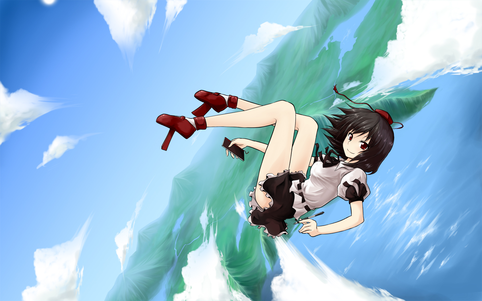 chipa (arutana), shameimaru aya, touhou, highres, 1girl, black hair, female focus, flying, geta, hat, looking at viewer, red hat, scenery, short hair, solo, tengu-geta, tokin hat, water
