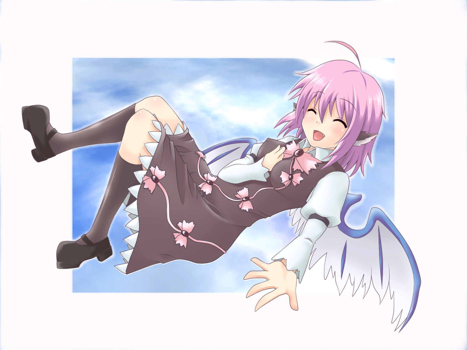genkai madika, mystia lorelei, touhou, highres, 1girl, animal ears, closed eyes, dress, fang, female focus, no headwear, pink hair, smile, solo, wings