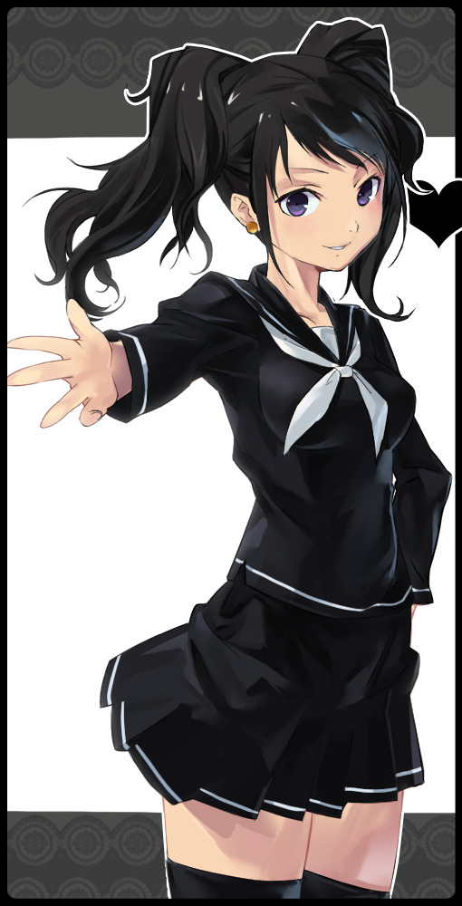 dan evan, kujikawa rise, atlus, persona, persona 4, alternate color, black hair, black theme, black thighhighs, cowboy shot, heart, school uniform, serafuku, solo, thighhighs, twintails