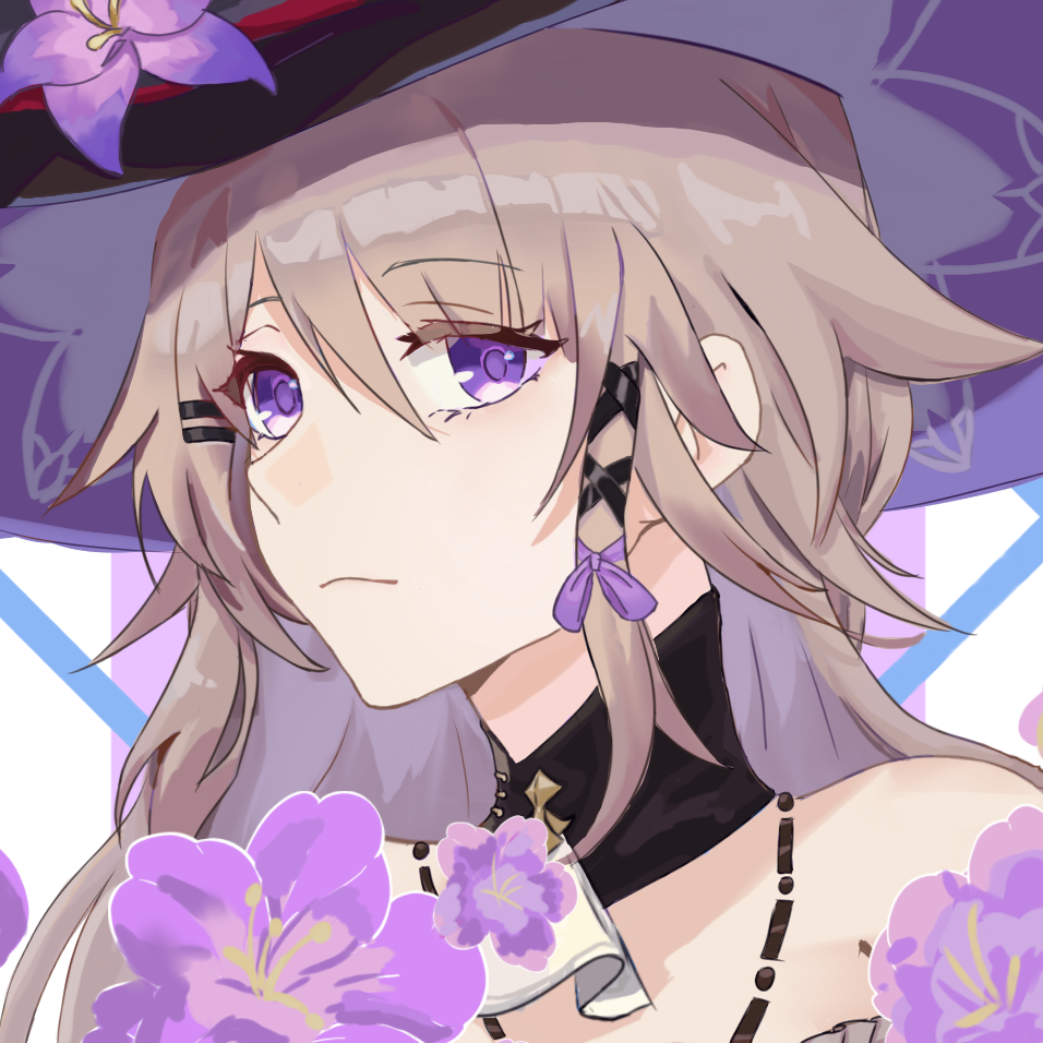 herta (honkai: star rail), the herta (honkai: star rail), honkai: star rail, honkai (series), chinese commentary, commentary request, 1girl, ailotrsia-yepuxiaoye, bare shoulders, black choker, choker, flower, grey hair, hair between eyes, hair ribbon, hat, hat flower, long hair, looking at viewer, portrait, purple eyes, purple flower, purple ribbon, ribbon, solo