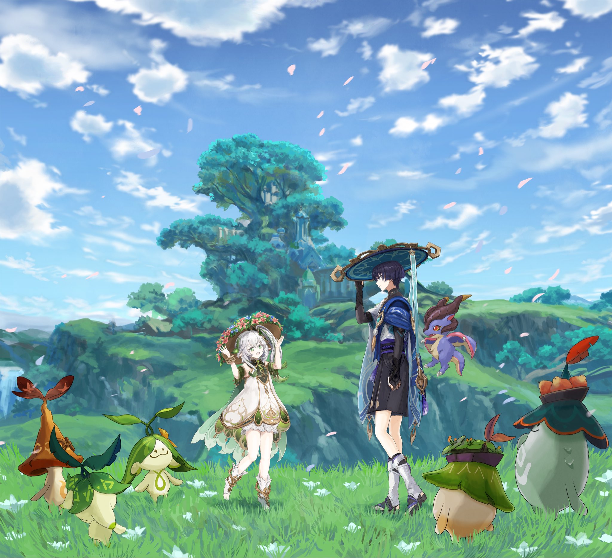 ise3077, aranara (genshin impact), mini durin (dragon) (genshin impact), mini durin (genshin impact), nahida (genshin impact), scaramouche (genshin impact), wanderer (genshin impact), genshin impact, highres, 1boy, 1girl, animal print, anklet, arm at side, armlet, armor, belt, bird print, black belt, black bodysuit, black bridal gauntlets, black eyes, black sandals, black shorts, bloomers, blue cape, blue flower, blue gemstone, blue hat, blue sky, blue sleeves, blunt ends, bodysuit, bracelet, bridal gauntlets, bridal legwear, bright pupils, brown hat, cape, clenched hand, clothing cutout, cloud, cloudy sky, cross-shaped pupils, detached sleeves, dragon, dress, falling petals, feathers, floating, flower, food, fruit, furisode, gem, gold, grass, green cape, green eyes, green hair, green sleeves, hair between eyes, hair ornament, hakama, hakama shorts, half crown braid, hand up, hands up, happy, hat, hat flower, height difference, hip vent, japanese armor, japanese clothes, jewelry, jingasa, kimono, kote, kurokote, layered sleeves, leaf, leaf hair ornament, leg warmers, levitation, long hair, looking at another, mandarin collar, middle ring, multicolored hair, open hands, open mouth, outdoors, petals, pink flower, pink petals, pleated shorts, pointy ears, pom pom (clothes), purple hair, purple rope, purple sash, rope, sandals, sash, short sleeves, shorts, side ponytail, sidelocks, sky, small dragon, smile, socks, stirrup footwear, stirrup legwear, streaked hair, sumeru city, symbol-shaped pupils, tassel, toeless legwear, toes, tree, tsurime, underwear, water, waterfall, white bloomers, white dress, white flower, white hair, white kimono, white leg warmers, white pupils, white sleeves, white socks, white trim, yellow feathers, zouri