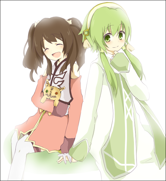 mono (recall), anise tatlin, ion (tales), tokunaga (tales), tales of (series), tales of the abyss, bad id, bad pixiv id, 00s, 1boy, 1girl, bare shoulders, brown hair, closed eyes, doll, green eyes, green hair, hair tubes, hetero, holding hands