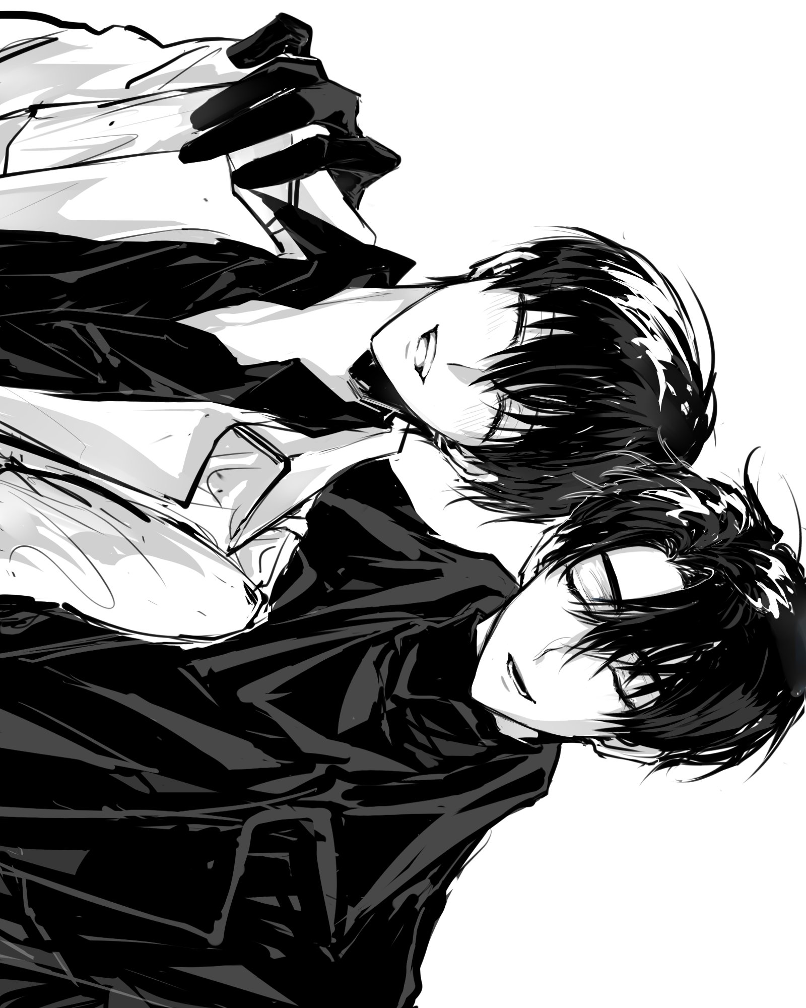 kim dokja, yoo joonghyuk, omniscient reader's viewpoint, highres, 2boys, black coat, black gloves, black hair, black shirt, closed eyes, coat, collared shirt, curtained hair, gloves, greyscale, grin, hair between eyes, hand on another's shoulder, head tilt, male focus, monochrome, multiple boys, open clothes, open coat, popped collar, rhyme1863, shirt, short hair, sideways, smile, upper body, white coat, yaoi