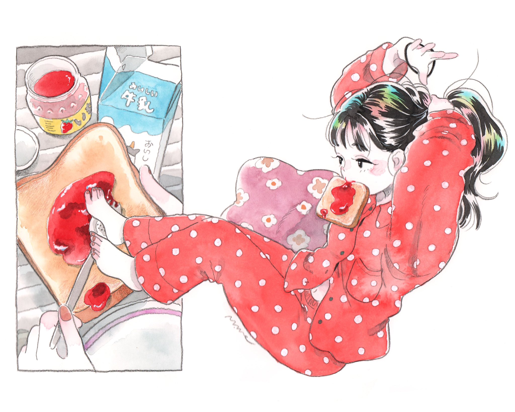 emamemamo33, original, pink pillow, highres, painting (medium), traditional media, 1girl, barefoot, black eyes, black hair, blush, bread, bread slice, floral print, food, food in mouth, from side, hair tie, holding, holding bread, holding knife, jam, knife, long hair, milk, nail polish, navel, pajamas, pillow, polka dot, red nails, signature, simple background, solo, toast, tying hair, white background