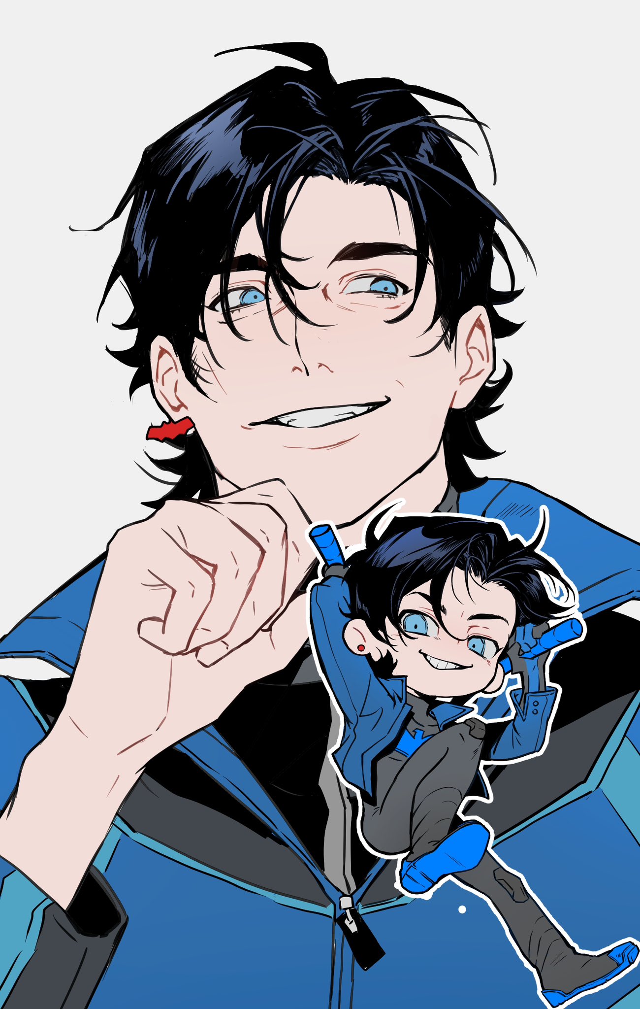 dick grayson, nightwing, batman (series), dc comics, commentary, highres, 1boy, arm up, black hair, black pants, blue eyes, blue jacket, boots, collared jacket, cs919, earrings, grey background, grin, hair behind ear, jacket, jewelry, looking at viewer, looking to the side, male focus, multiple views, pants, parted hair, piercing, portrait, short hair, sideways glance, simple background, smile, teeth, zipper pull tab