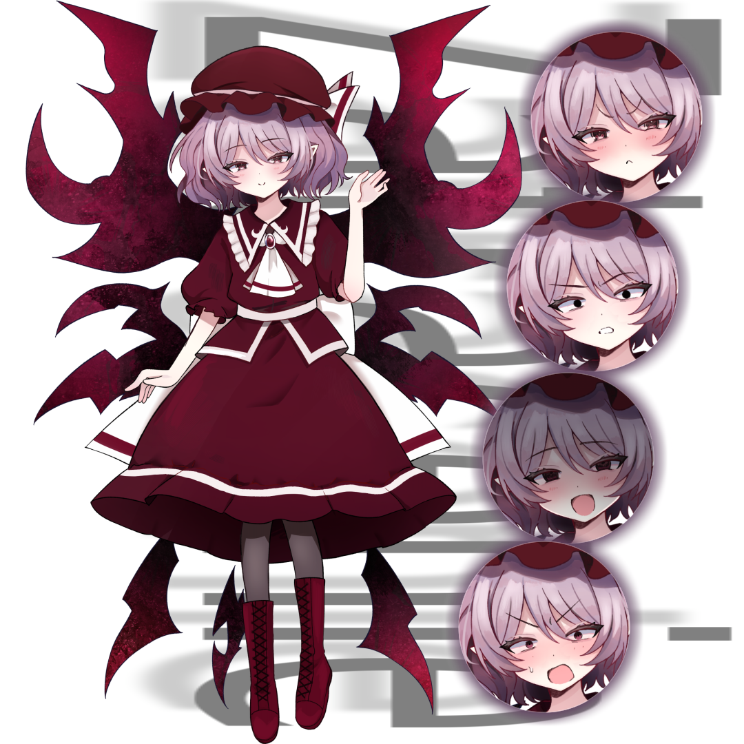 ringishou884, remilia scarlet, zatracenie (mugen), m.u.g.e.n, touhou, commentary request, 1girl, blush, boots, character name, closed mouth, cross-laced clothes, expressionless, hat, hat ribbon, looking at viewer, mob cap, multiple wings, purple hair, red eyes, red hat, red shirt, red skirt, ribbon, shirt, short hair, short sleeves, simple background, skirt, smile, solo, tachi-e, white background, wings