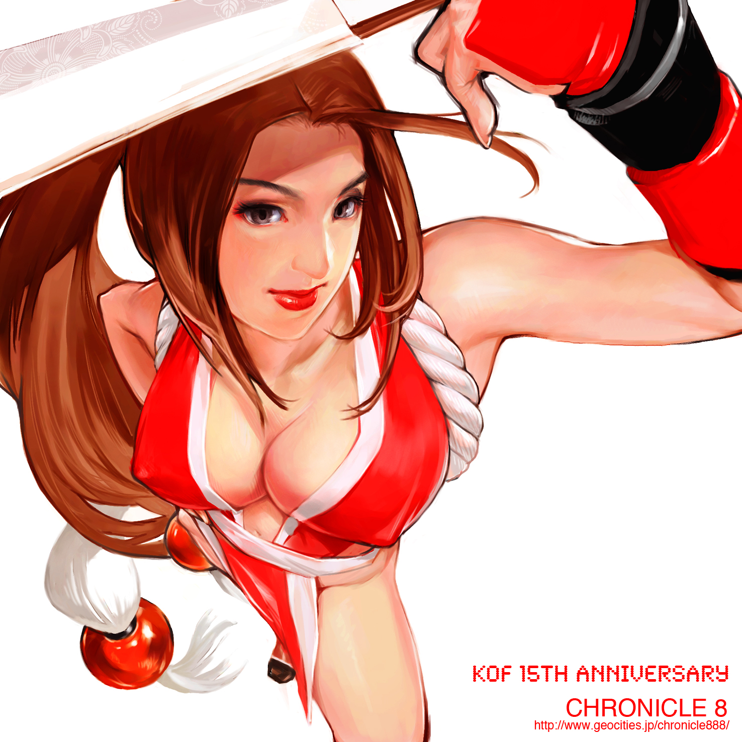 kiyohisa, shiranui mai, fatal fury, snk, the king of fighters, highres, 1girl, breasts, brown hair, cleavage, covered erect nipples, female focus, folded fan, folding fan, from above, gloves, hand fan, large breasts, lipstick, long hair, makeup, pelvic curtain, solo