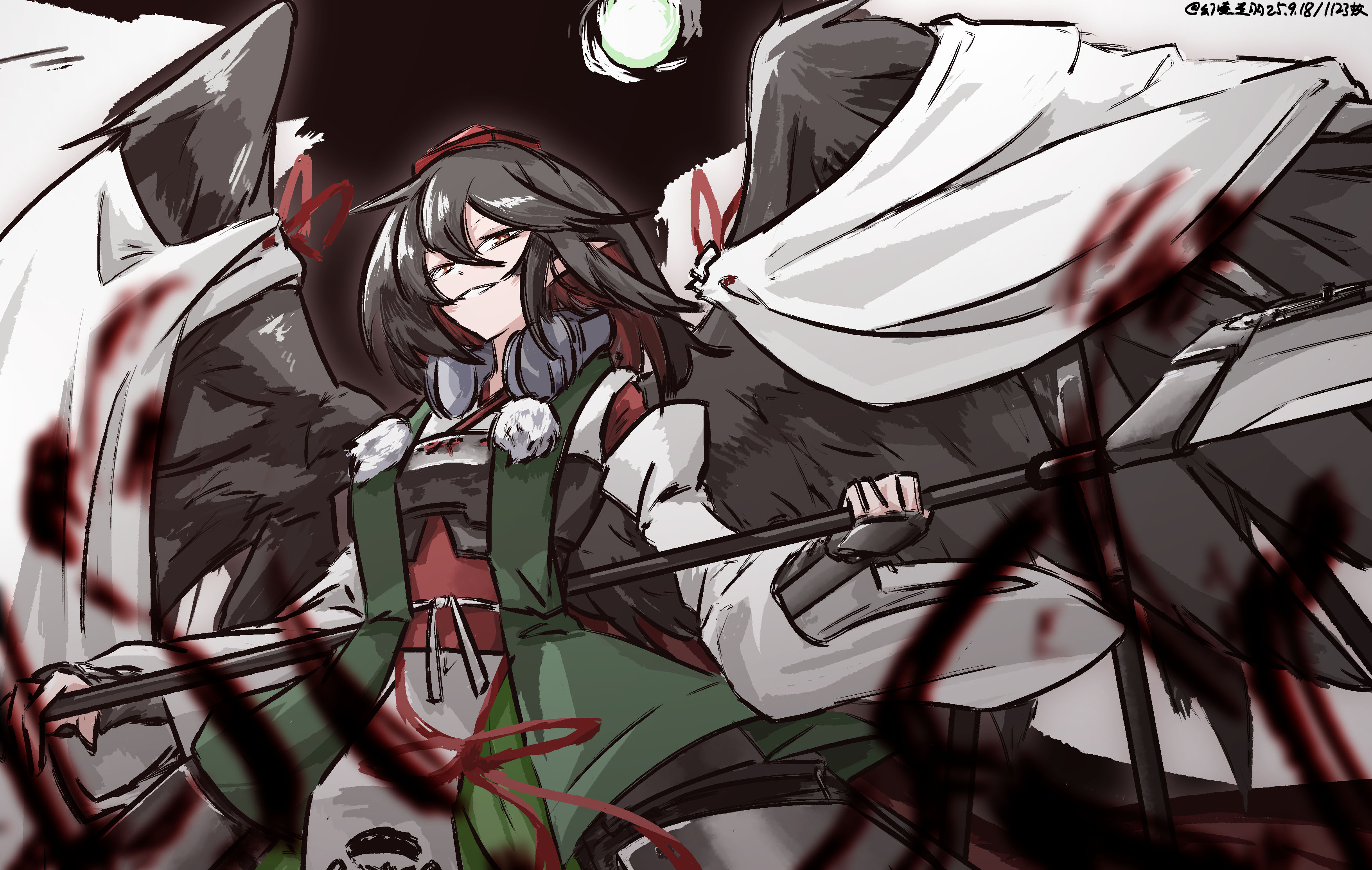 ve1024, lord tenma (touhou), m.u.g.e.n, touhou, absurdres, commentary request, highres, 1girl, bird wings, black background, black hair, black wings, cape, colored inner hair, dated, earmuffs, green kimono, hair between eyes, hat, holding, holding weapon, japanese clothes, kimono, looking at viewer, medium hair, multicolored hair, one-hour drawing challenge, pointy ears, pom pom (clothes), red eyes, red hair, red hat, sash, simple background, solo, tokin hat, weapon, white cape, wings