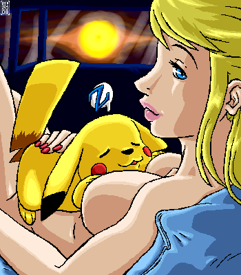 pikachu, samus aran, metroid, nintendo, pokemon, super smash bros., lowres, 1girl, blonde hair, blue eyes, couple, gen 1 pokemon, lips, nude, pokemon (creature), sleeping