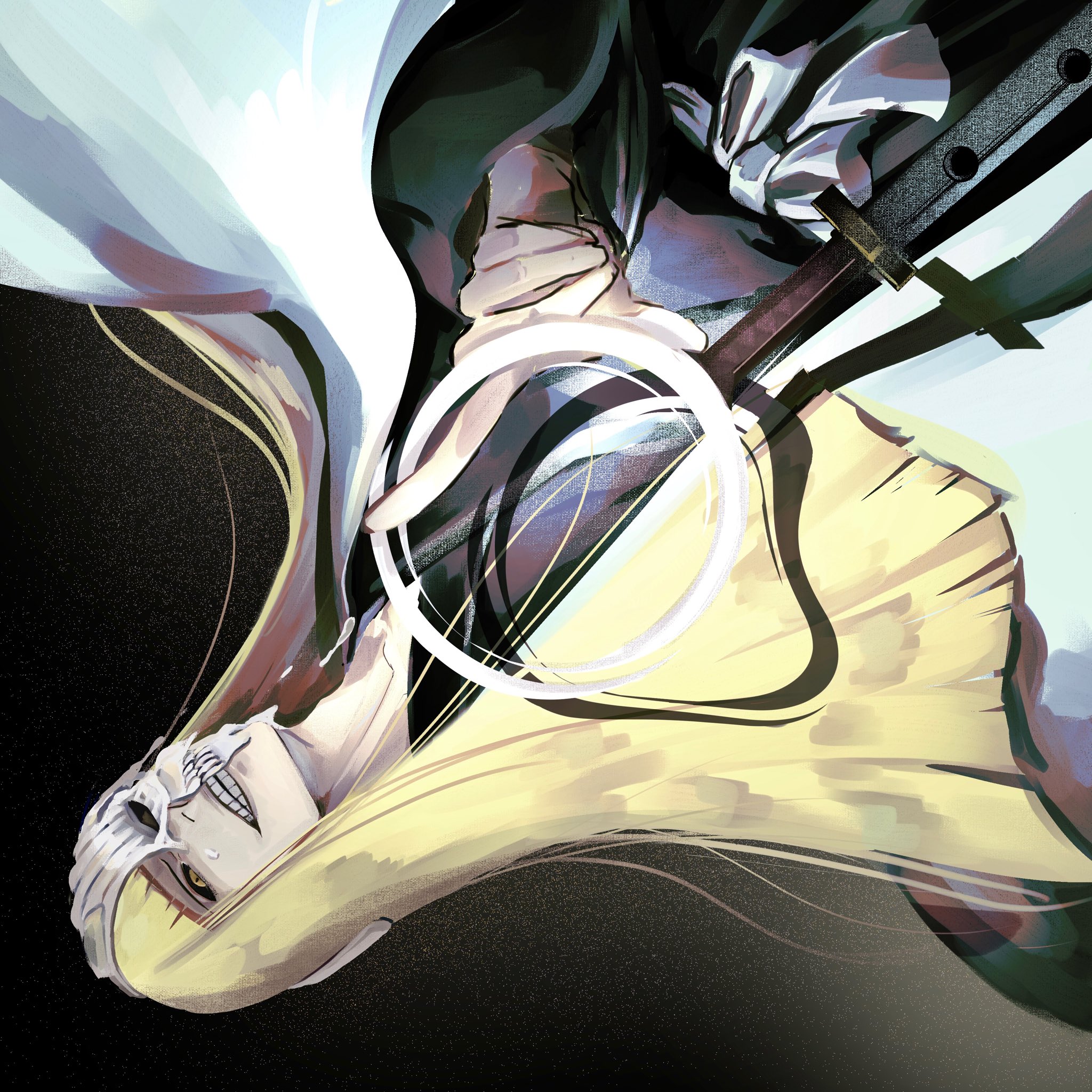 siji105, hirako shinji, bleach, bleach: turn back the pendulum, highres, 1boy, black sclera, blonde hair, blunt bangs, blunt ends, colored sclera, haori, hollow mask, japanese clothes, long hair, looking at viewer, male focus, sakanade (shikai), smile, solo, teeth, white haori, yellow eyes
