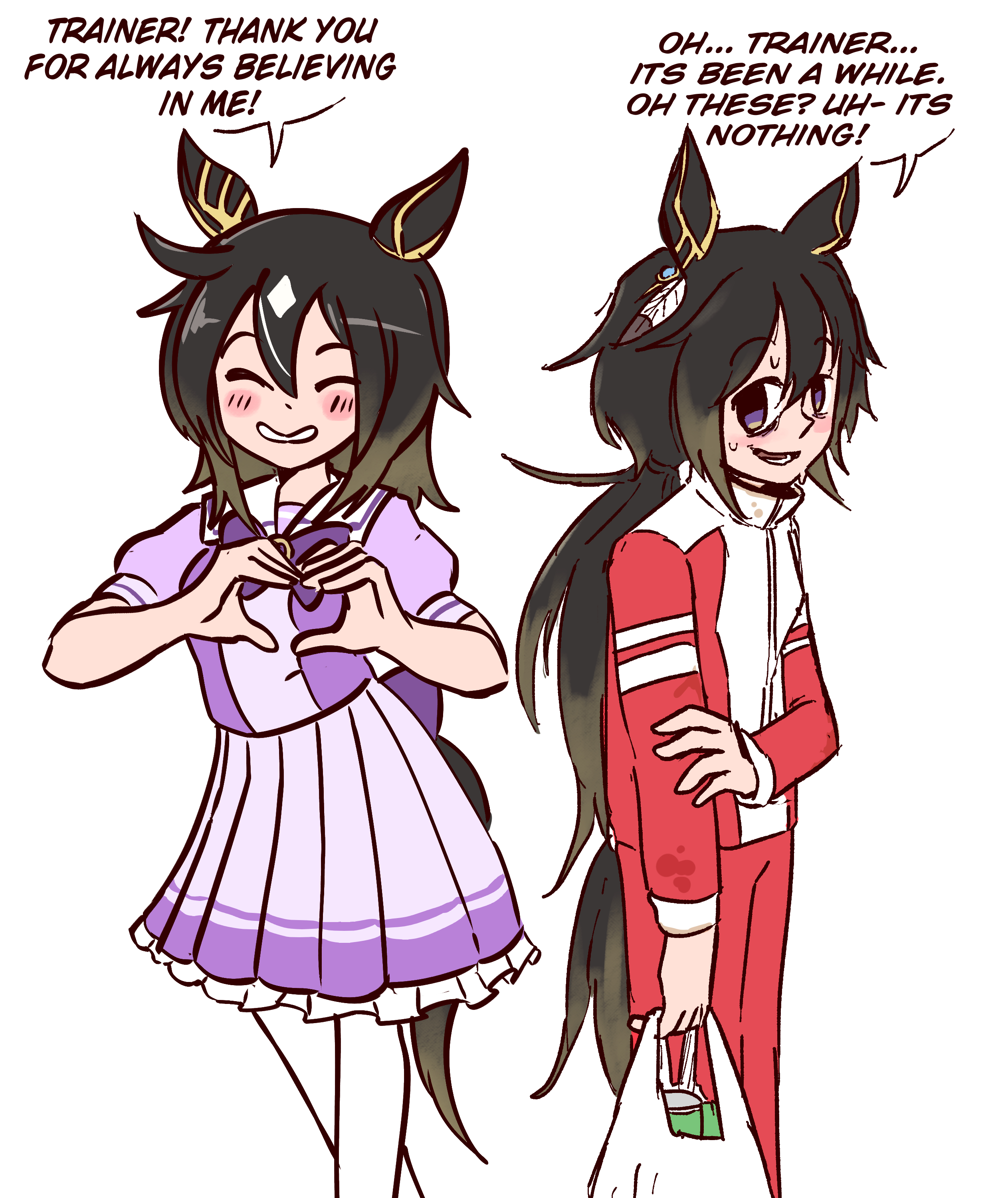 starlinkman, stay gold (umamusume), umamusume, absurdres, highres, 1girl, animal ears, bag, black hair, blush, bow, bowtie, brown hair, closed eyes, dirty, dirty clothes, ear covers, ear ornament, english text, hair between eyes, heart, holding, holding bag, horse ears, horse girl, horse tail, jacket, long hair, looking at viewer, multicolored hair, open mouth, pants, ponytail, puffy short sleeves, puffy sleeves, purple bow, purple bowtie, purple eyes, purple serafuku, purple shirt, purple skirt, red jacket, red pants, red track suit, sailor collar, sailor shirt, school uniform, serafuku, shirt, shopping bag, short sleeves, simple background, skirt, smile, speech bubble, spoken heart, streaked hair, sweat, tail, thighhighs, tracen school uniform, tracen training uniform, track jacket, track pants, track suit, white background, white hair, white sailor collar, white thighhighs