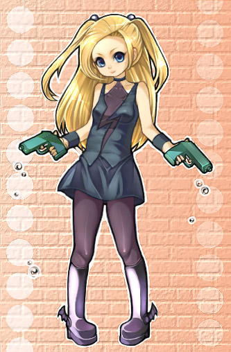 taro (artist), tarowo, trish (devil may cry), capcom, devil may cry (series), bad id, bad pixiv id, 00s, 1girl, blonde hair, blue eyes, child, dual wielding, female focus, gun, holding, pantyhose, shell casing, solo, twintails, weapon