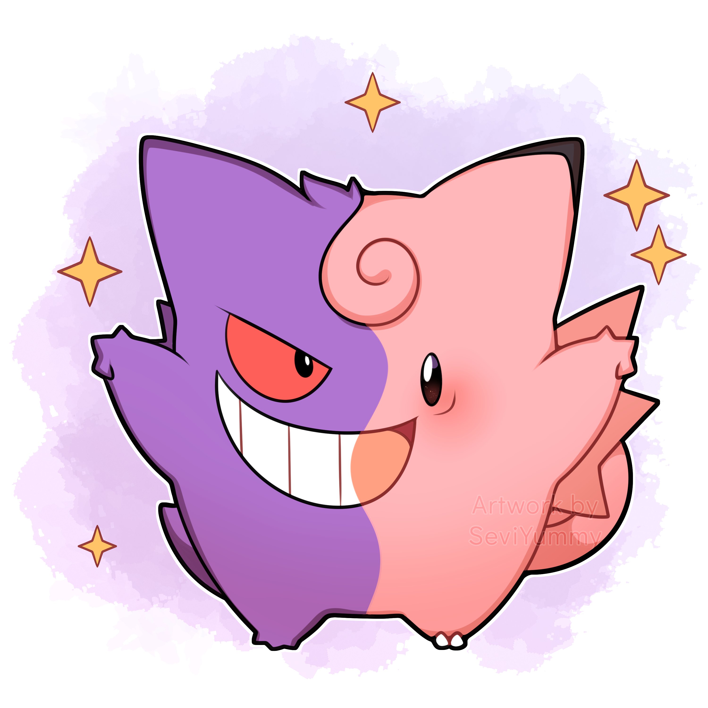 sevi (seviyummy), clefable, gengar, nintendo, pokemon, absurdres, highres, blush, colored sclera, full body, fusion, gen 1 pokemon, ghost, grin, looking at viewer, no humans, open mouth, pokemon (creature), pokemon focus, red eyes, red sclera, smile, star (symbol), tail, teeth