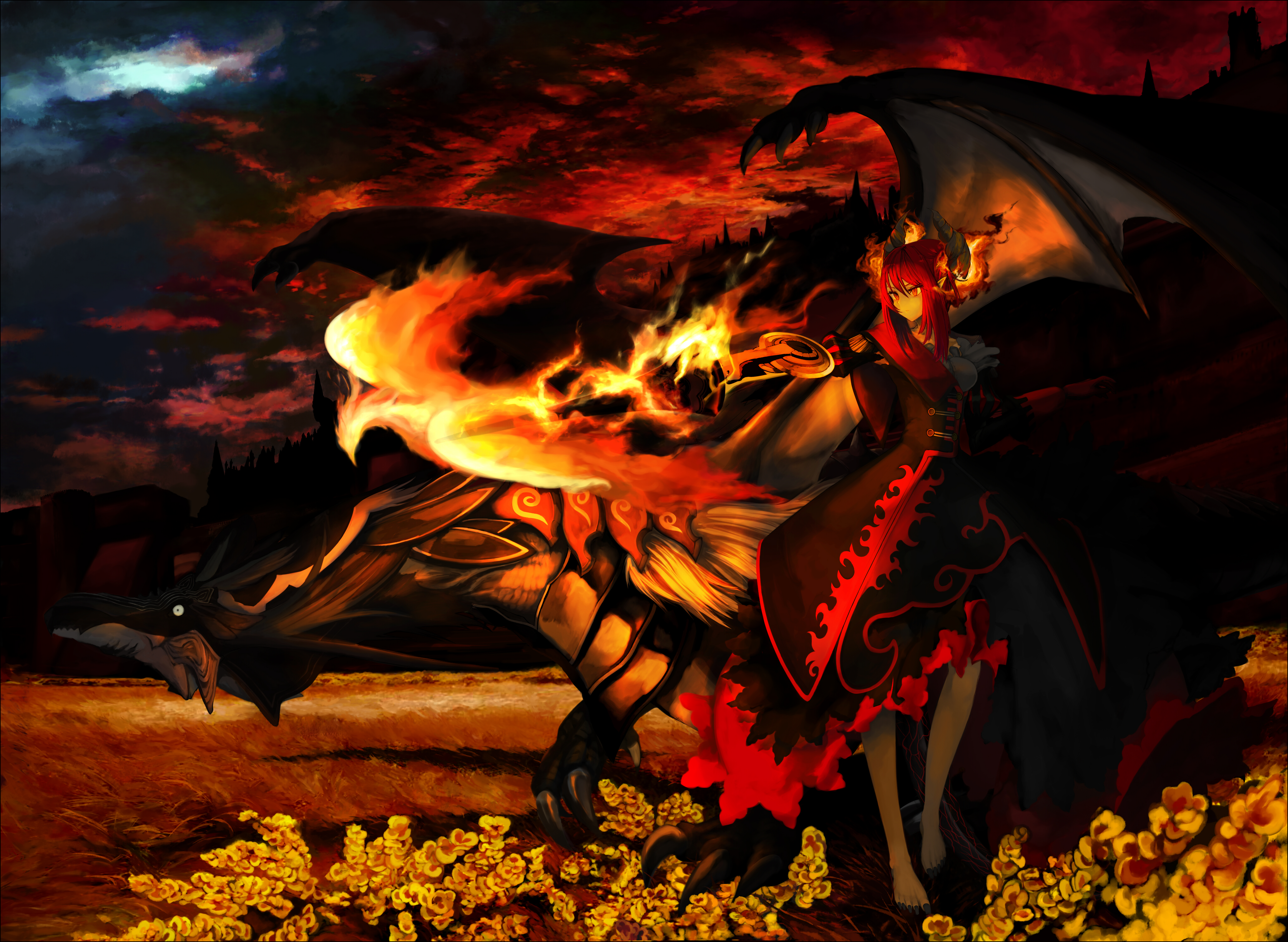 ukai isago ju, ukai saki, original, absurdres, highres, 1girl, barefoot, bird, cloud, dark cloud, demon, demon girl, dragon, dress, field, fire, flower, horns, magic, outdoors, outstretched arm, phoenix, pointy ears, red eyes, sky, standing
