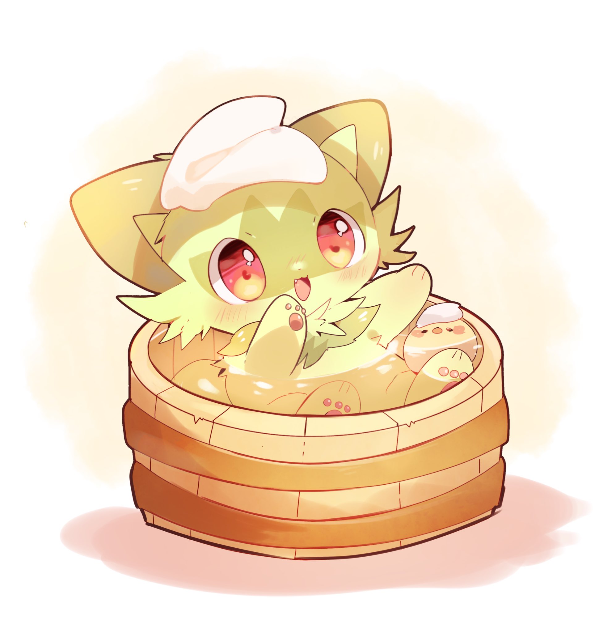 yupo 0322, sprigatito, nintendo, pokemon, highres, animal focus, blush, bucket, cat, fang, green fur, looking at viewer, no humans, open mouth, pawpads, pokemon (creature), pokemon focus, red eyes, simple background, smile, towel, towel on head, water