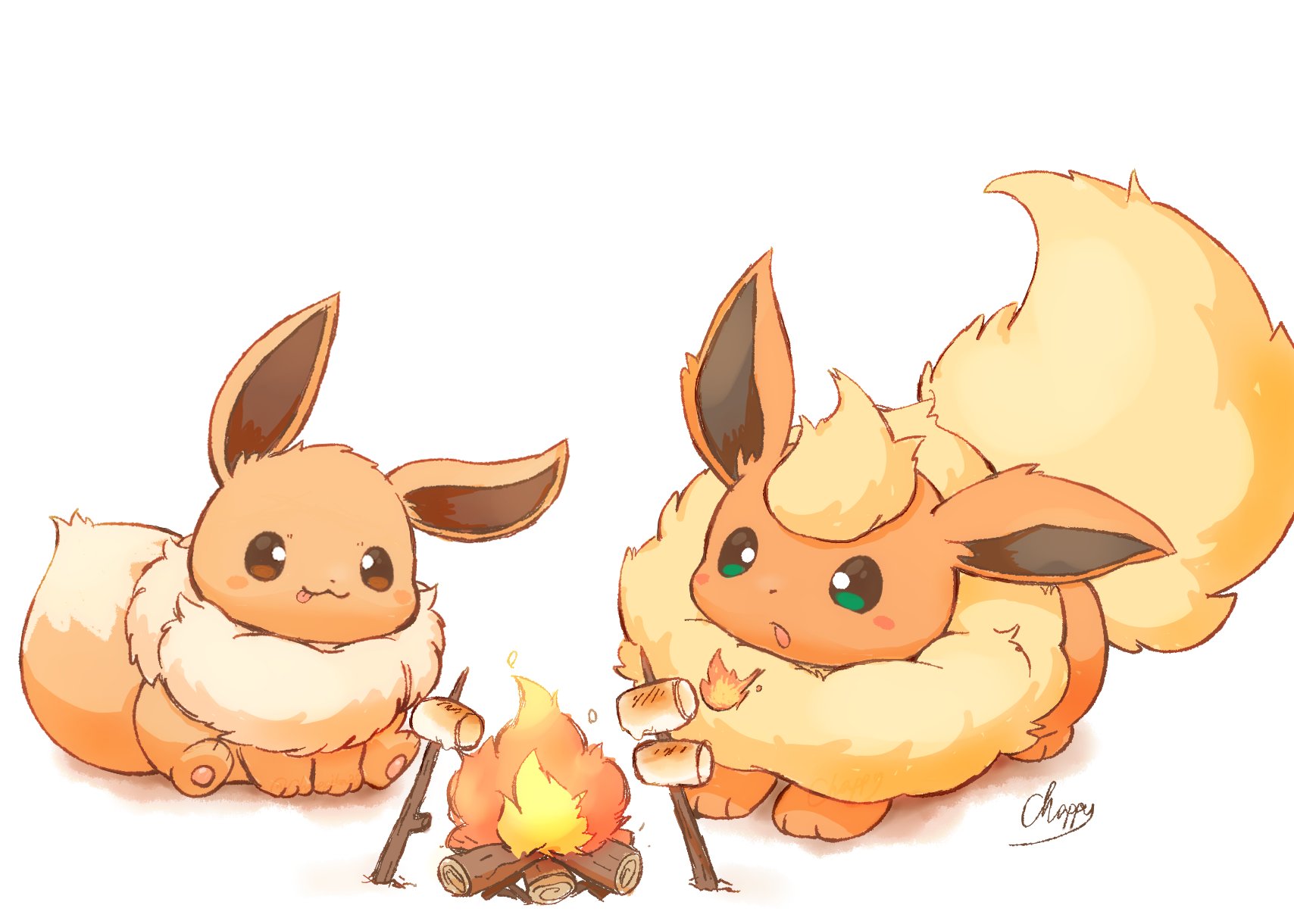mimix, eevee, flareon, nintendo, pokemon, highres, animal focus, blush, breath weapon, breathing fire, brown eyes, brown fur, campfire, closed mouth, fire, fluffy, food, gen 1 pokemon, green eyes, log, marshmallow, neck fur, no humans, open mouth, orange fur, pokemon (creature), pokemon focus, simple background, smile, stick, tail, tongue, tongue out, white background, yellow fur