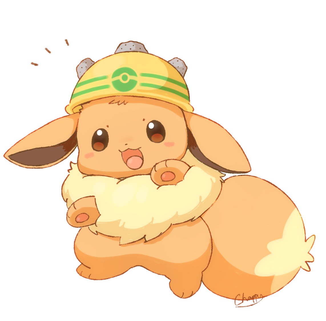 mimix, eevee, nintendo, pokemon, animal focus, blush, brown eyes, brown fur, fluffy, gen 1 pokemon, helmet, looking at viewer, no humans, open mouth, pokemon (creature), pokemon focus, rocky helmet (pokemon), simple background, smile, tail, white background, yellow helmet