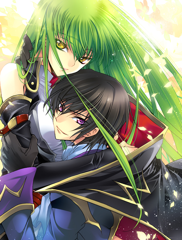 creayus, c.c., lelouch vi britannia, zero (code geass), code geass, 00s, 1boy, 1girl, black hair, cape, couple, detached sleeves, gloves, green hair, hetero, holding, long hair, open clothes, open shirt, purple eyes, shirt, sleeveless, sleeveless turtleneck, smile, turtleneck, yellow eyes