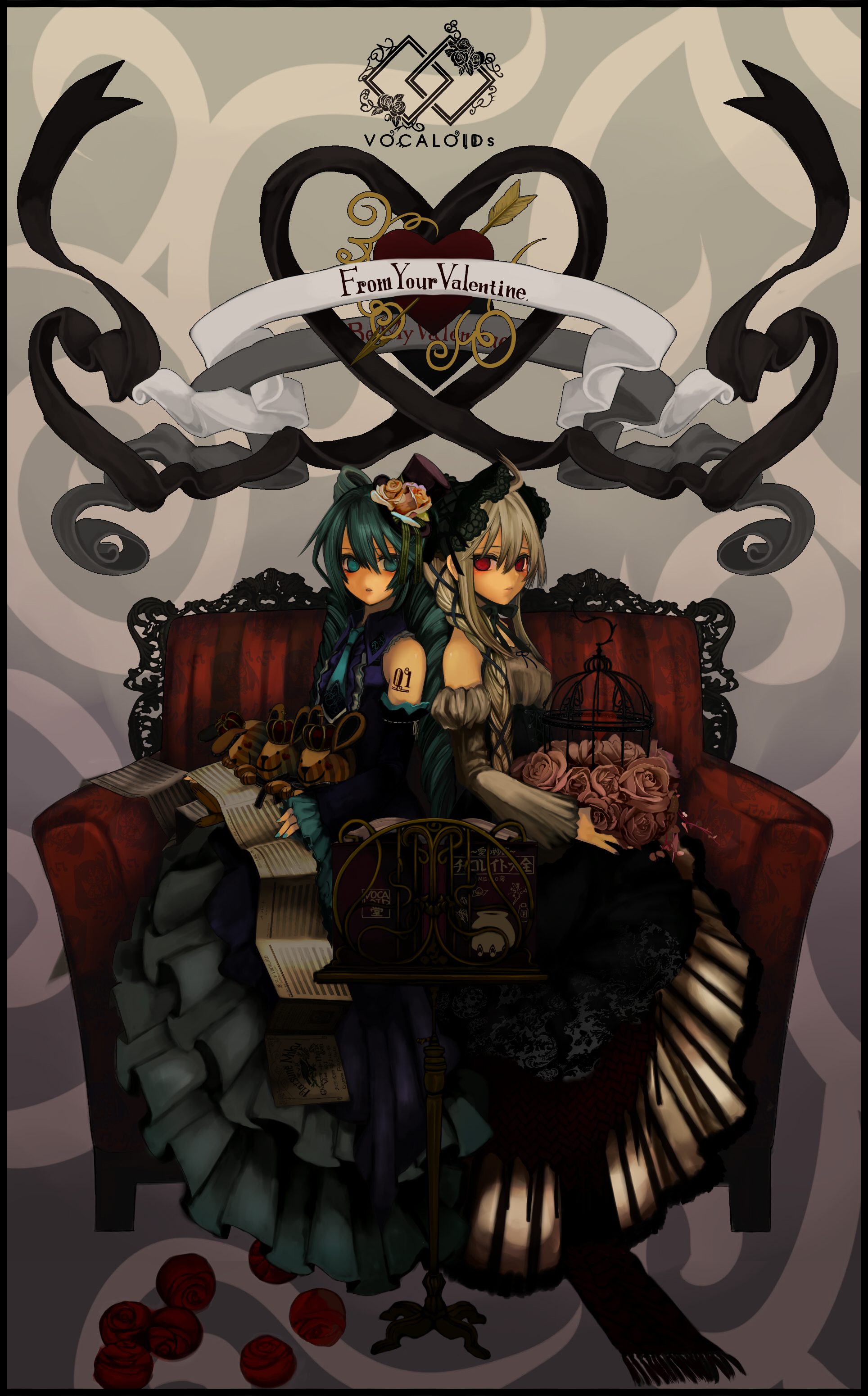 ukai isago ju, ukai saki, hatsune miku, yowane haku, vocaloid, silver hair, absurdres, highres, 2girls, braid, cage, dress, flower, goth fashion, gothic lolita, green eyes, green hair, green nails, hair flower, hair ornament, hat, lolita fashion, long hair, mini hat, mini top hat, multiple girls, nail polish, red eyes, rose, tattoo, top hat, very long hair, x hair ornament