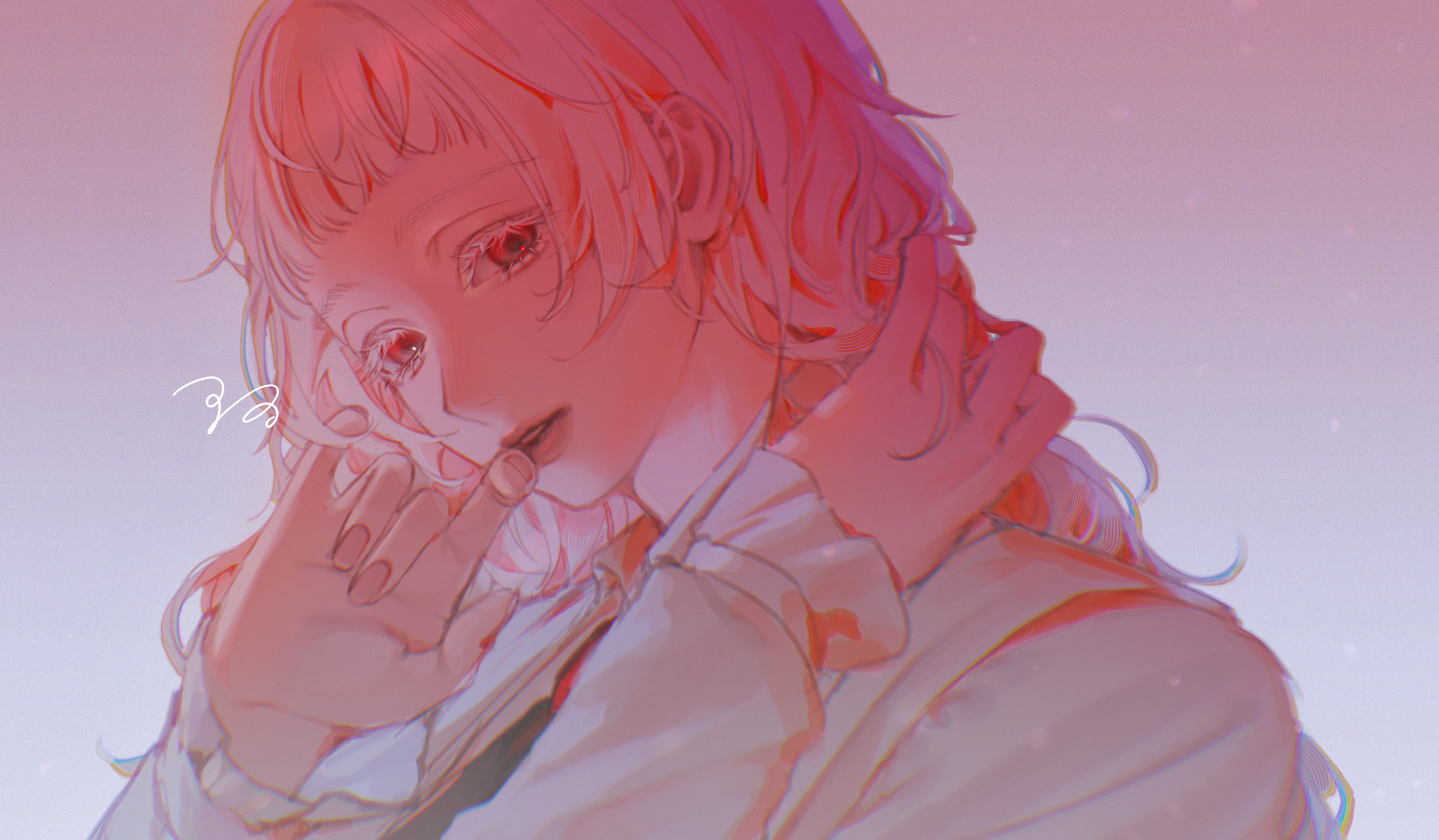 original, absurdres, commentary, english commentary, highres, 1girl, colored eyelashes, long hair, multicolored hair, parted lips, red eyes, signature, solo, suidrawsui, two-tone hair, white eyelashes