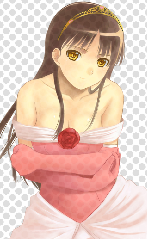 seiru (prairie), amagi yukiko, shadow (persona), shadow yukiko, atlus, persona, persona 4, 1girl, breasts, brown hair, cleavage, collarbone, dress, elbow gloves, female focus, gloves, smile, solo, tiara, yellow eyes