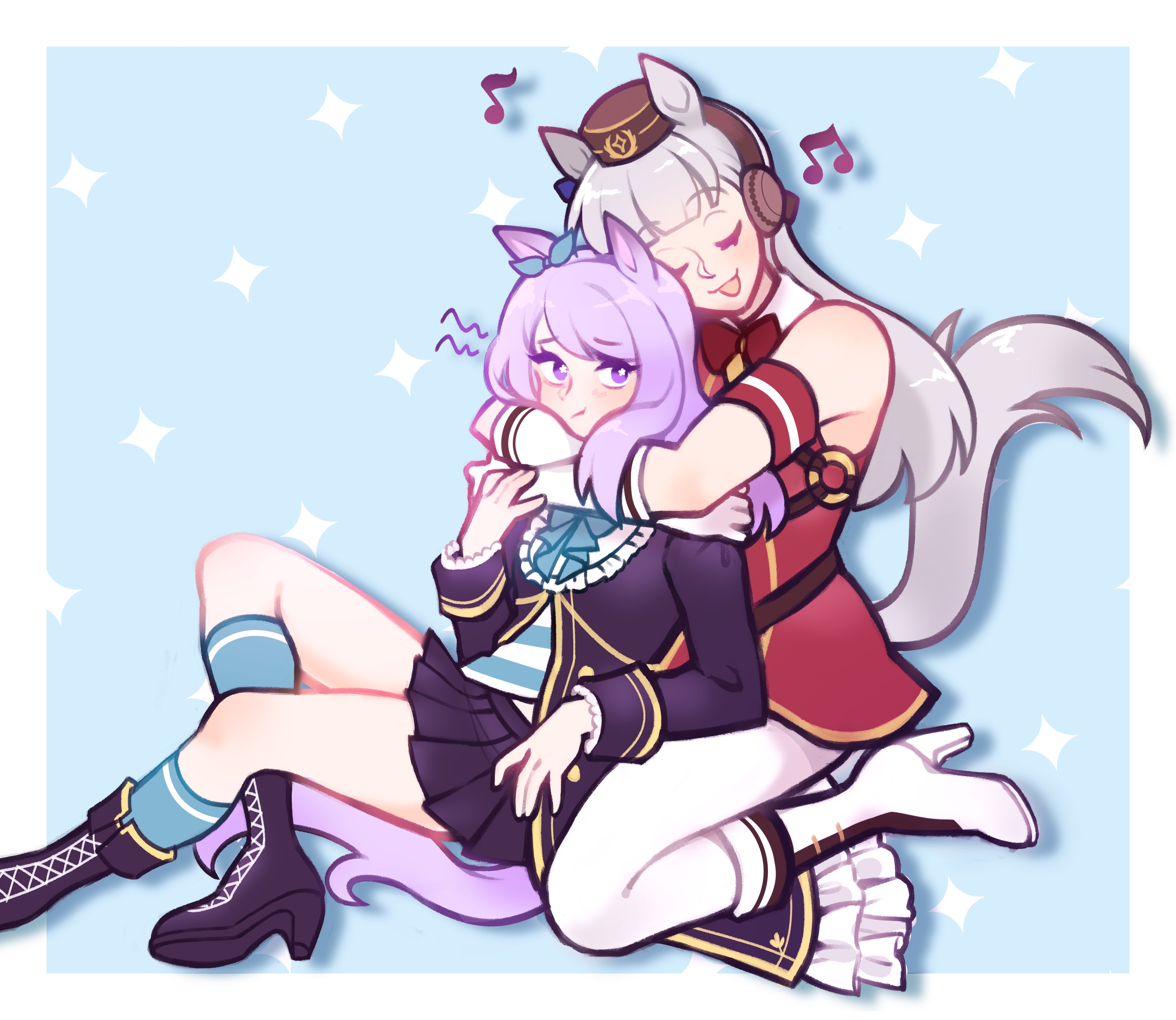 neapolitanmilk, gold ship (red strife) (umamusume), gold ship (umamusume), mejiro mcqueen (frontline elegance) (umamusume), mejiro mcqueen (umamusume), umamusume, absurdres, highres, 2girls, animal ears, aqua bow, aqua bowtie, aqua ribbon, aqua socks, armband, black boots, black jacket, black skirt, blue shirt, blue socks, blunt bangs, blush, boots, bow, bowtie, breasts, brown hat, closed eyes, closed mouth, coat, dress, ear bow, ear ribbon, frilled coat, frilled jacket, frills, gloves, grey hair, hat, high heel boots, high heels, horse ears, horse girl, horse tail, hug, hug from behind, jacket, leggings, long hair, long sleeves, multiple girls, musical note, open mouth, pantyhose, pillbox hat, pleated skirt, purple bow, purple eyes, purple hair, red armband, red bow, red bowtie, red dress, ribbon, shirt, skirt, sleeveless, sleeveless dress, smile, socks, star (symbol), striped armband, striped clothes, striped shirt, tail, white armband, white boots, white gloves, white leggings, white pantyhose, white shirt, yuri
