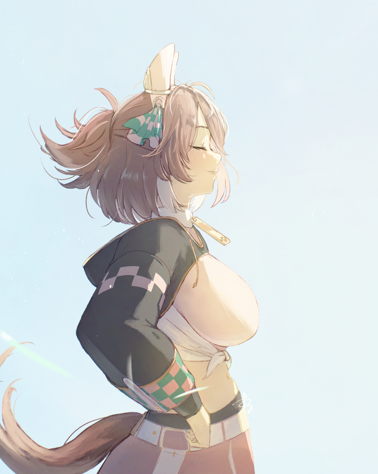 orusun, dantsu flame (center spotlight) (umamusume), dantsu flame (umamusume), umamusume, highres, 1girl, animal ears, black leggings, black shrug, blush, bow, breasts, brown hair, checkered ribbon, closed eyes, closed mouth, ear covers, ear ornament, ear ribbon, from side, hair between eyes, horse ears, horse girl, horse tail, large breasts, leggings, leggings under shorts, midriff, multicolored hair, navel, pink shirt, pink shorts, shirt, shorts, shrug (clothing), smile, solo, tail, tied shirt, white hair, white shirt