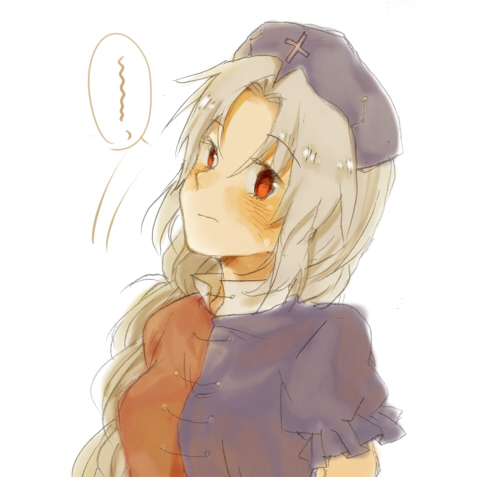 kutsushita, kutsushita (tokati r), yagokoro eirin, touhou, silver hair, bad id, bad pixiv id, lowres, 1girl, blush, braid, female focus, hat, long hair, nurse, red eyes, solo