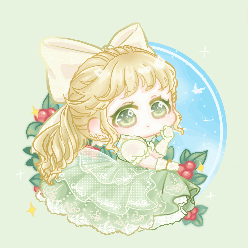 xiaoyu qixing, nikki (series), shining nikki, animated, animated gif, looping animation, 1girl, :o, blinking, blonde hair, bow, bracelet, chibi, circle, colored eyelashes, dress, earrings, frilled dress, frills, gloves, gold bracelet, gown, green background, green dress, green eyes, green gloves, hair bow, hand on own cheek, hand on own face, holly, jewelry, journey of memory (shining nikki), lace, lace-trimmed dress, lace trim, large bow, light blush, long dress, long hair, looking ahead, parted lips, ponytail, print dress, puffy short sleeves, puffy sleeves, short sleeves, simple bird, sitting, solo, sparkle, sparkling eyes, tareme, wavy hair, white bow