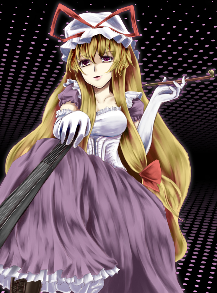 r0g0b0, yakumo yukari, touhou, bad id, bad pixiv id, 1girl, blonde hair, dress, female focus, folded fan, folding fan, hand fan, hat, holding, holding smoking pipe, kiseru, purple eyes, ribbon, smoking pipe, solo